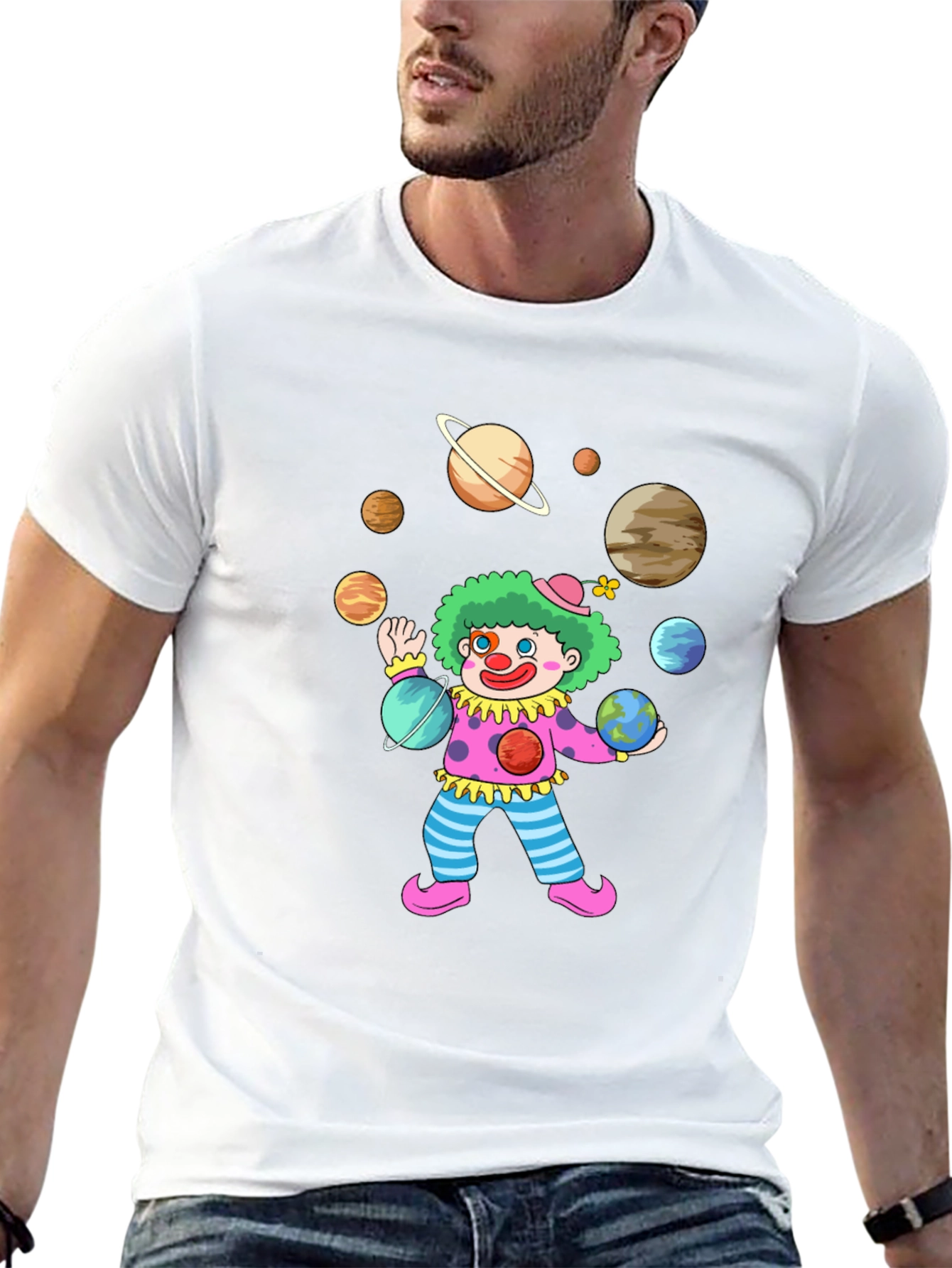 Clown Juggling Planets Graphic Tee - Black Cotton Shirt