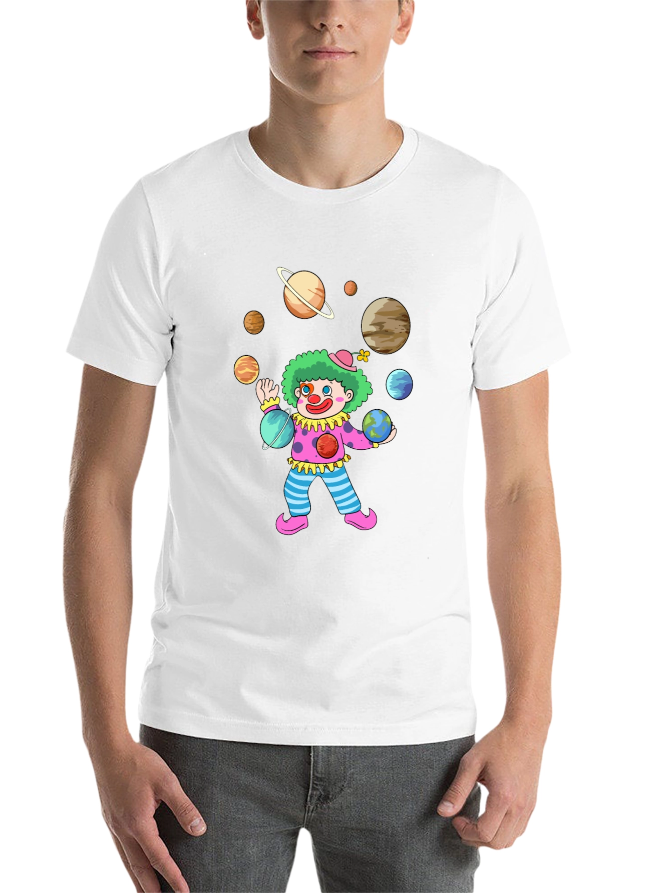 Clown Juggling Planets Graphic Tee - Black Cotton Shirt