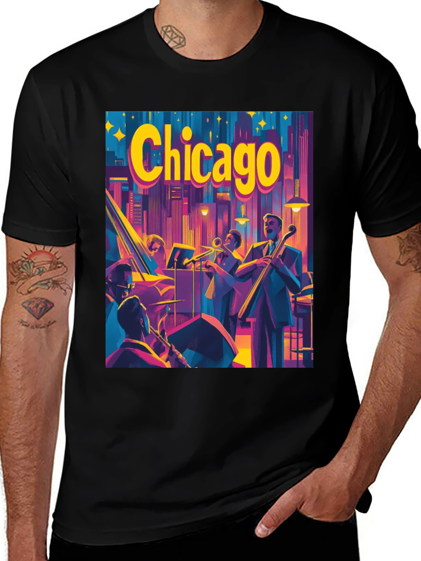 Chicago Jazz Band T-Shirt - Retro City Skyline