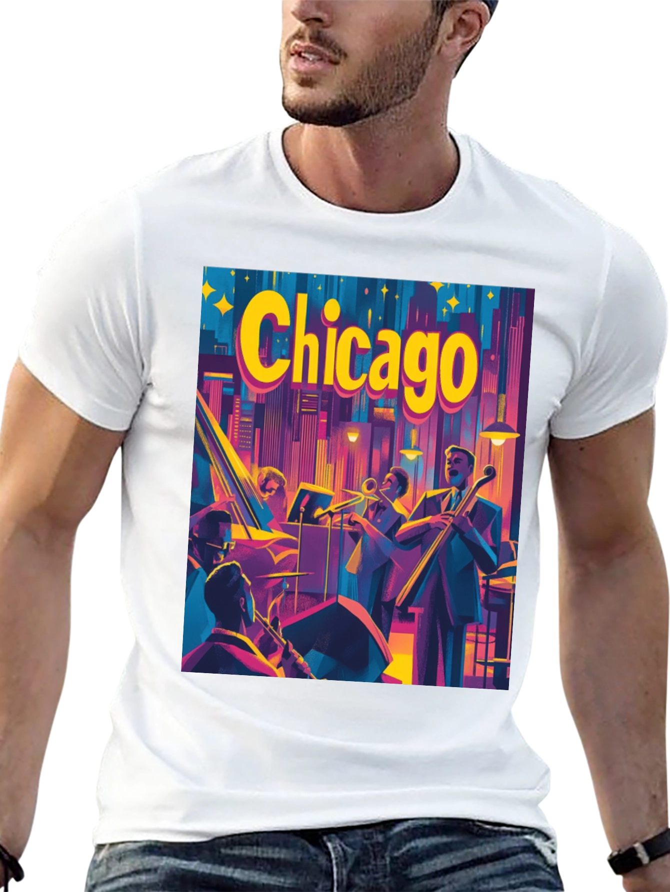 Chicago Jazz Band T-Shirt - Retro City Skyline