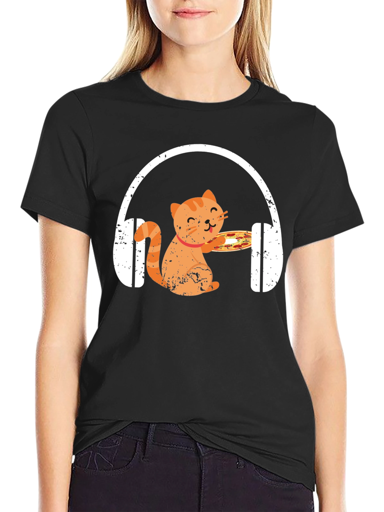Cat Pizza Headphones Graphic Tee