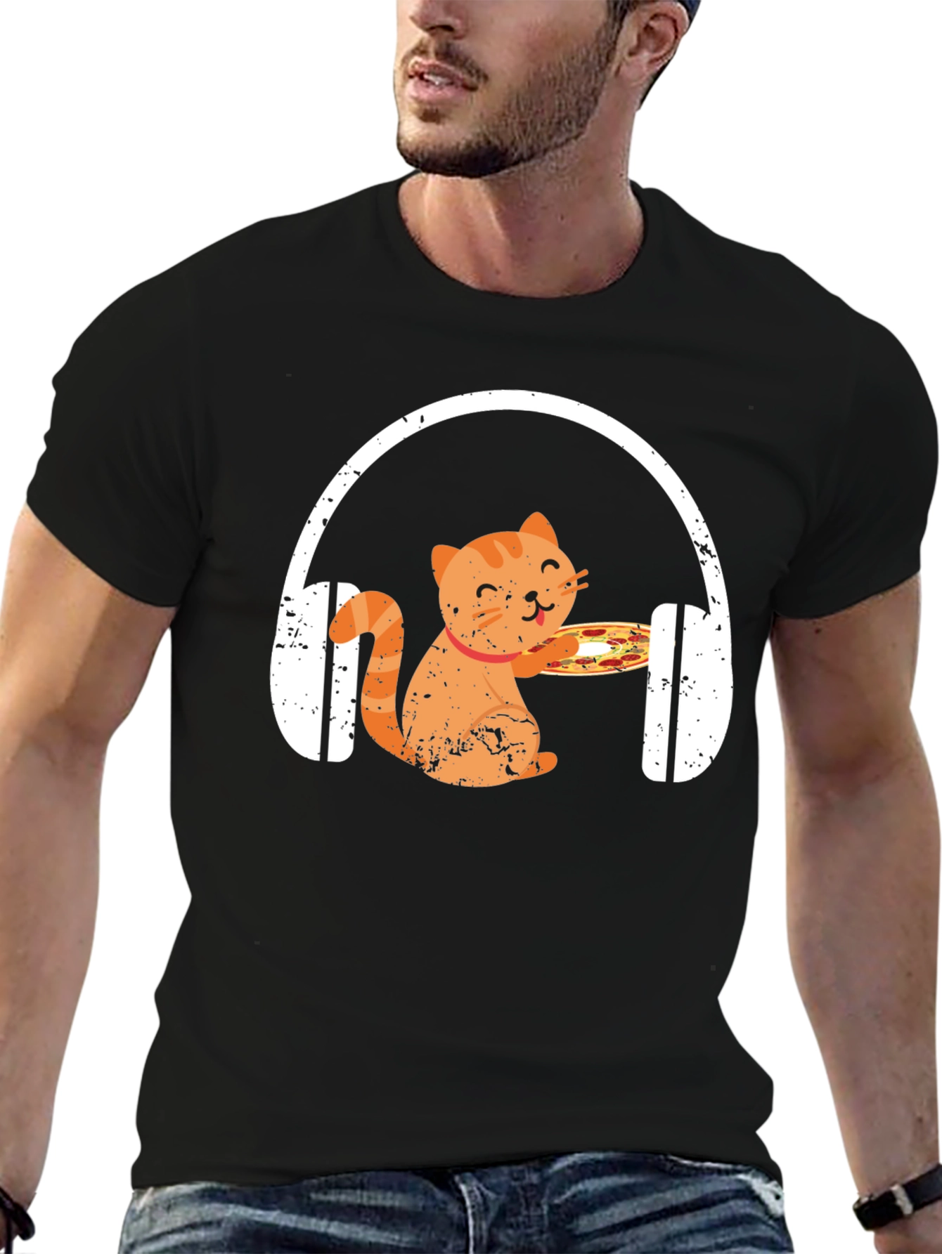 Cat Pizza Headphones Graphic Tee