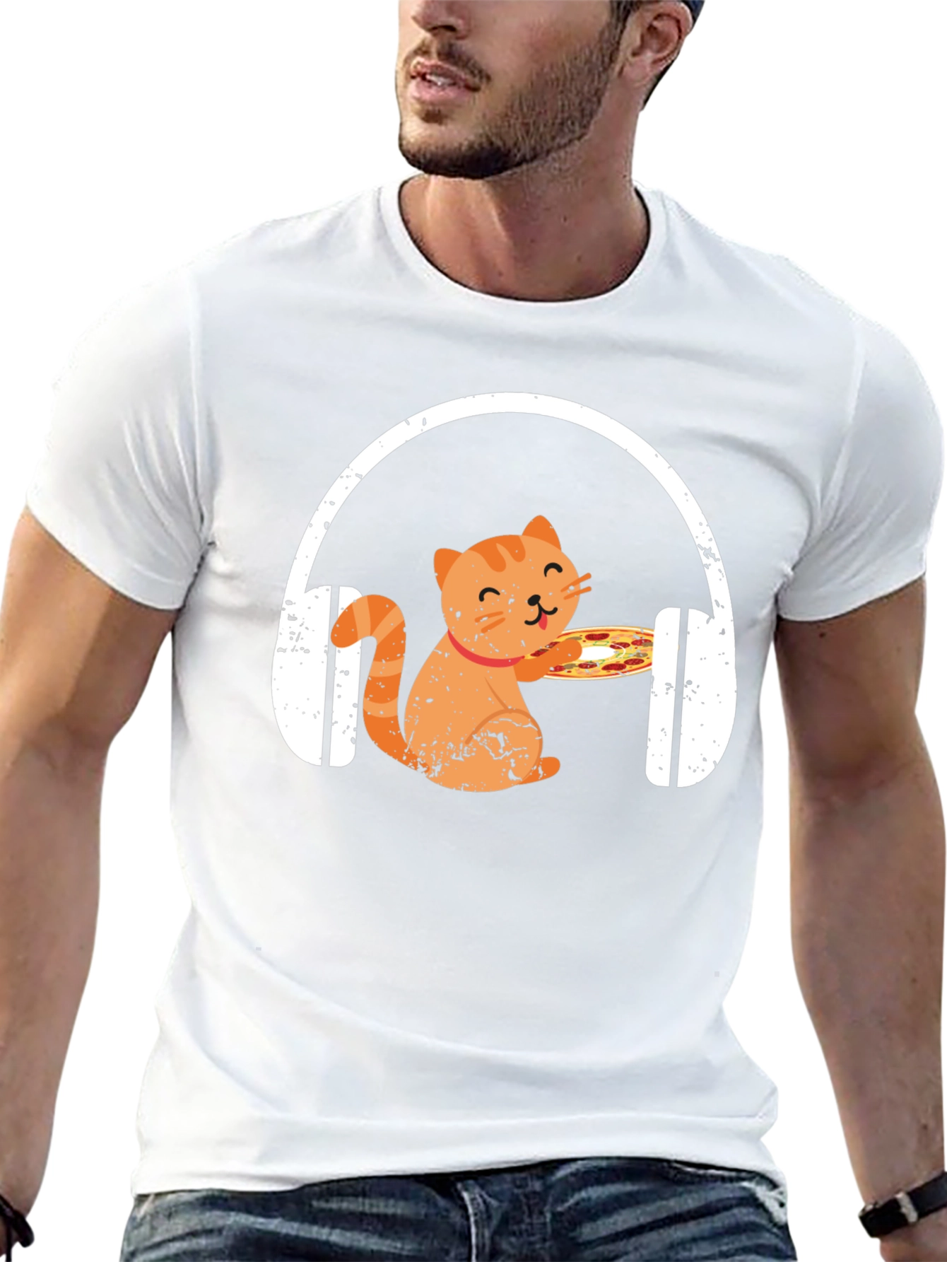 Cat Pizza Headphones Graphic Tee