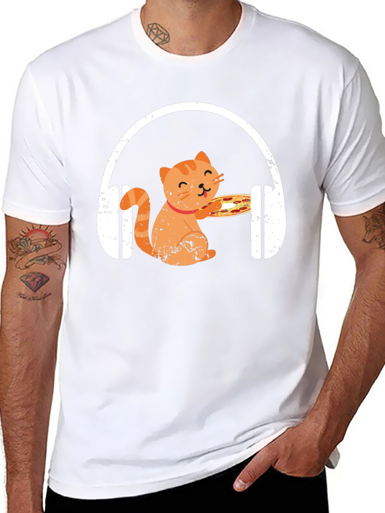 Cat Pizza Headphones Graphic Tee