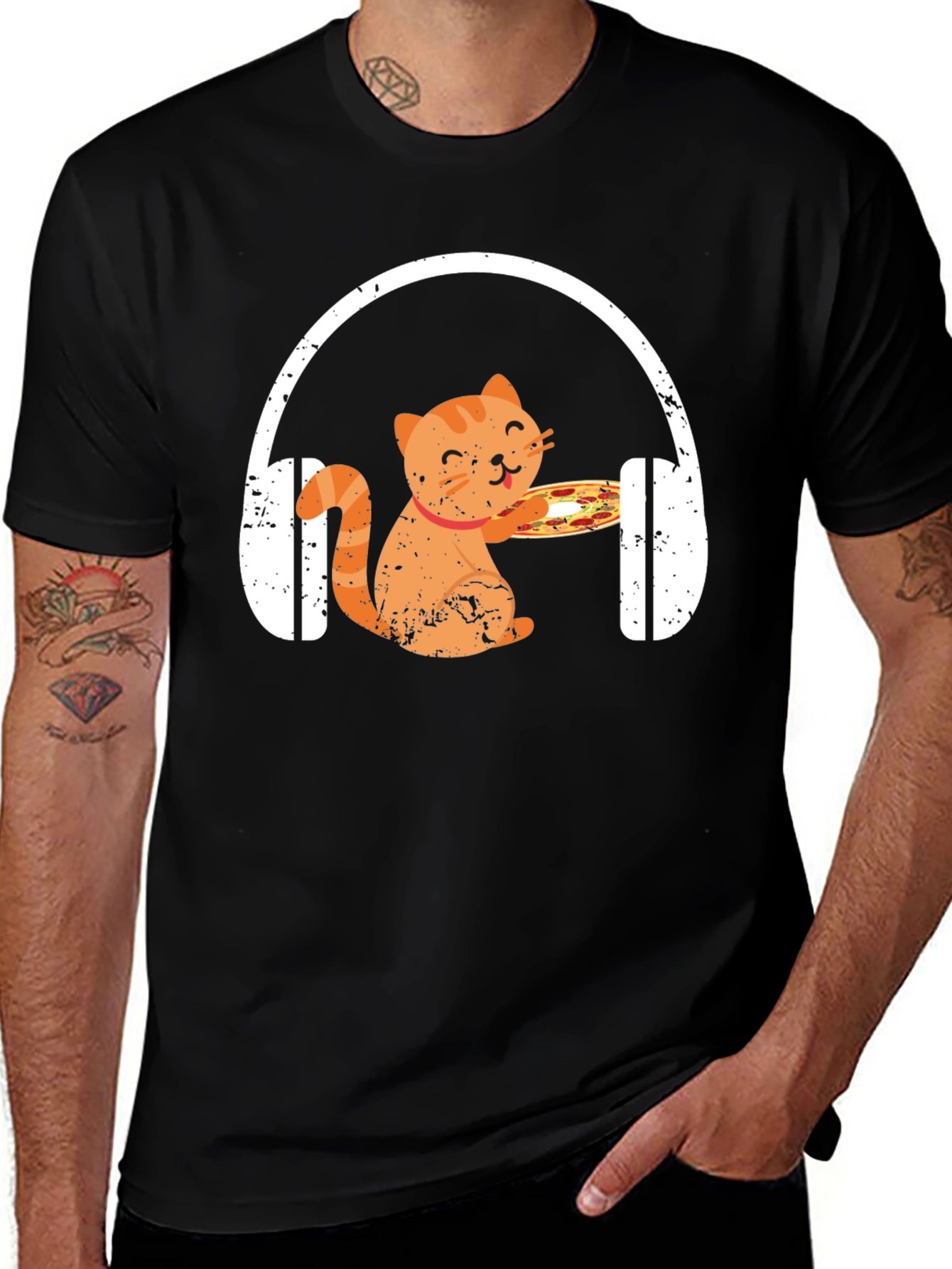 Cat Pizza Headphones Graphic Tee
