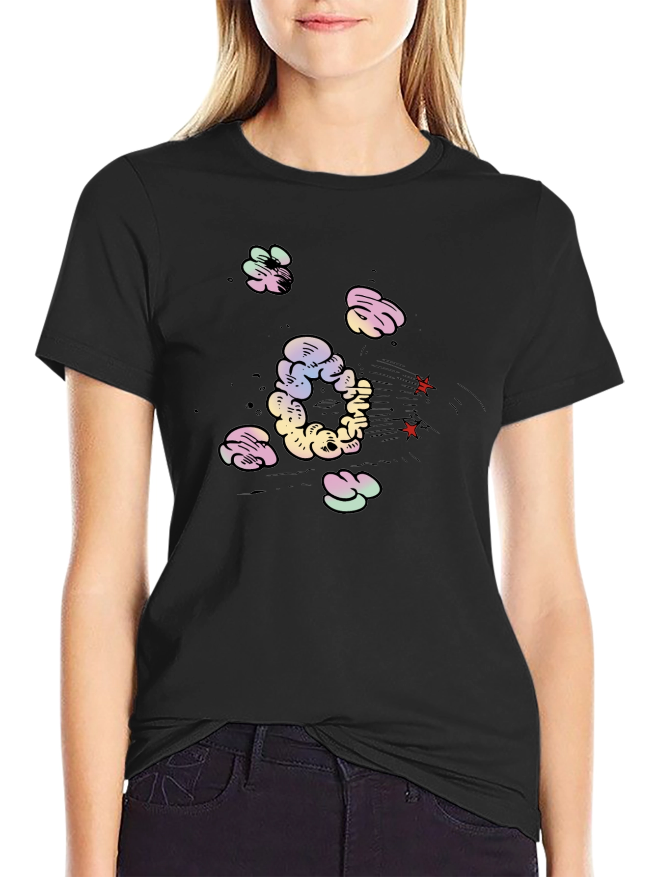 Cartoon Cloud Print Black T-Shirt