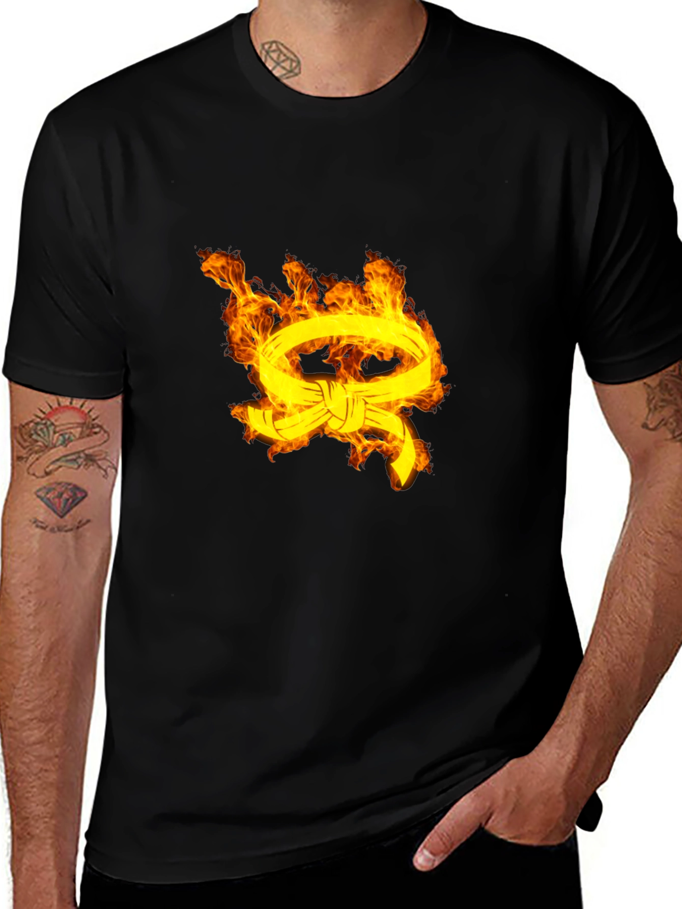 Mens Black T-Shirt with Fiery Belt Design