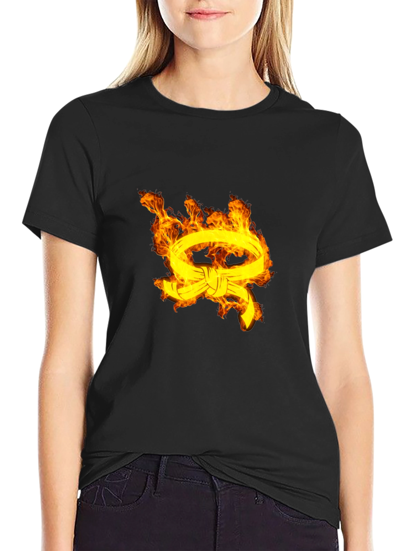 Mens Black T-Shirt with Fiery Belt Design