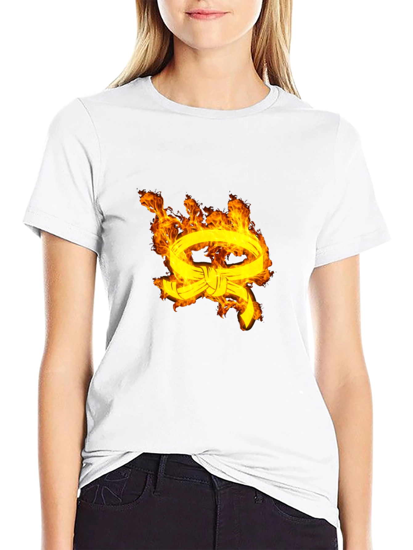 Mens Black T-Shirt with Fiery Belt Design