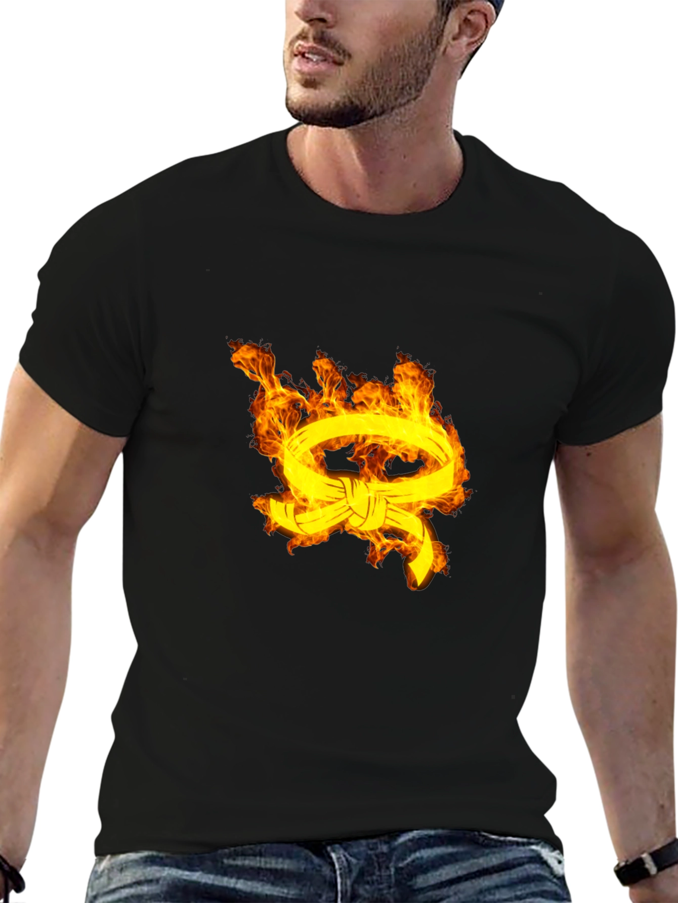 Mens Black T-Shirt with Fiery Belt Design