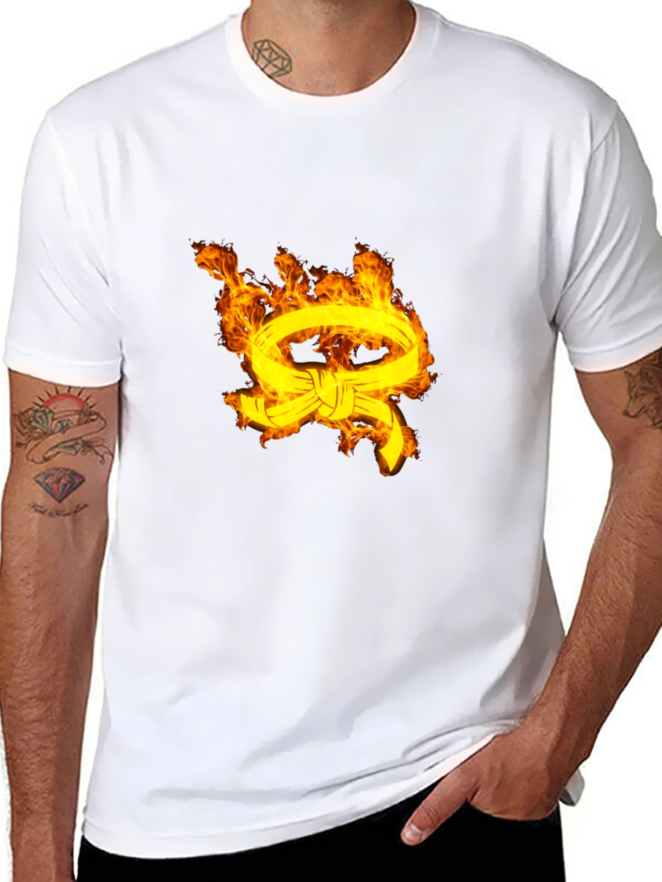 Mens Black T-Shirt with Fiery Belt Design