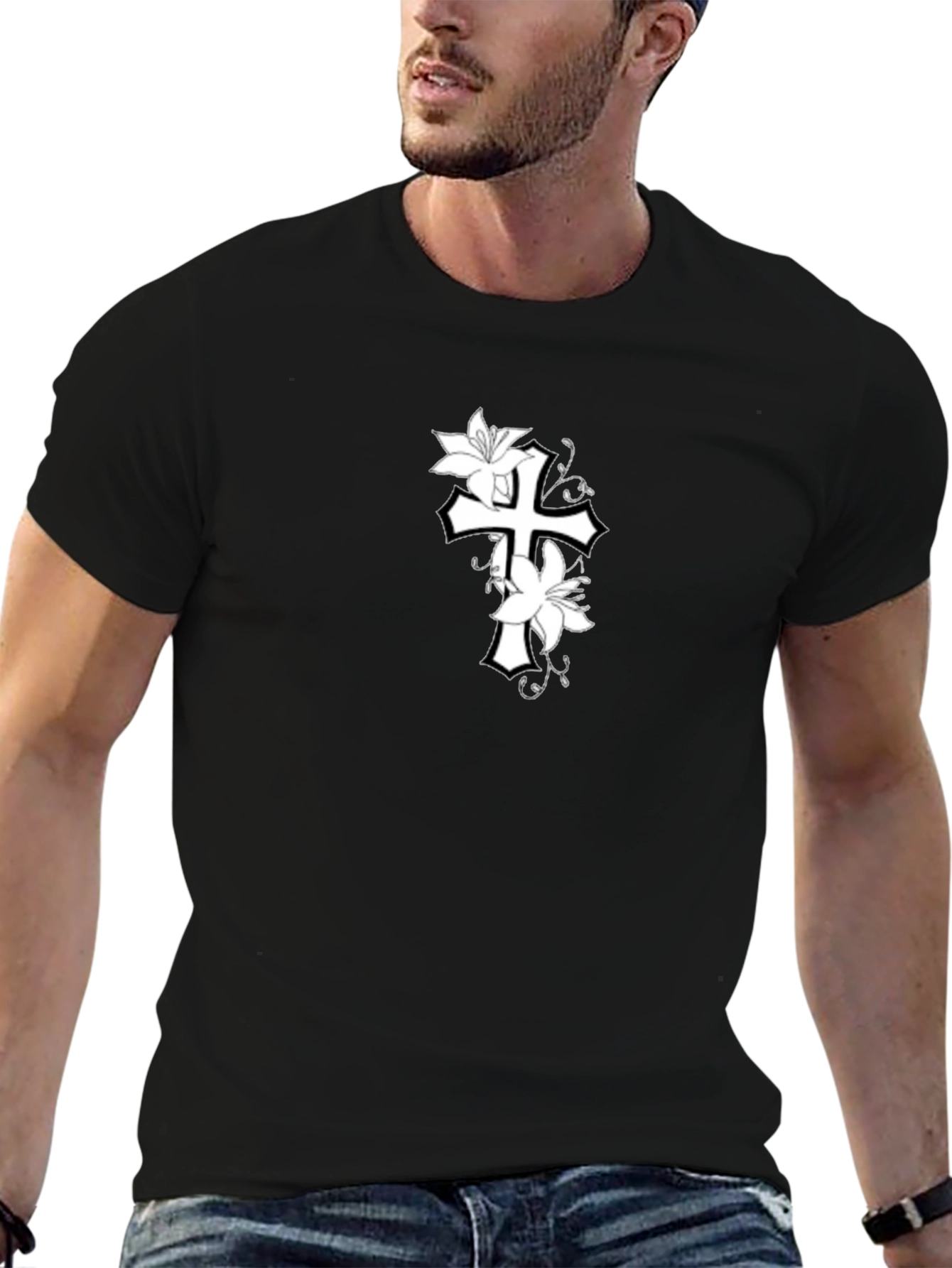 Floral Cross Graphic Black T-Shirt