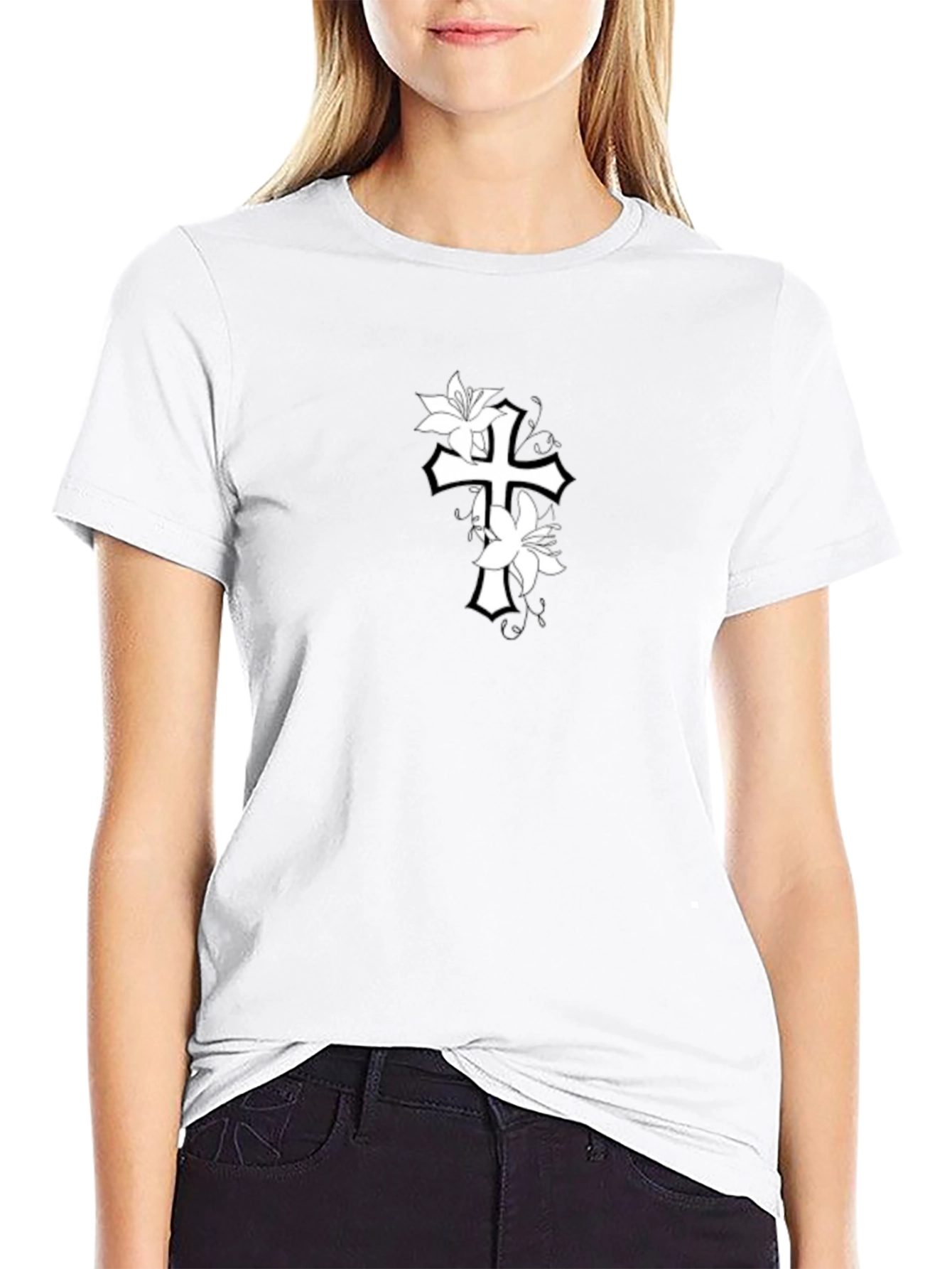 Floral Cross Graphic Black T-Shirt