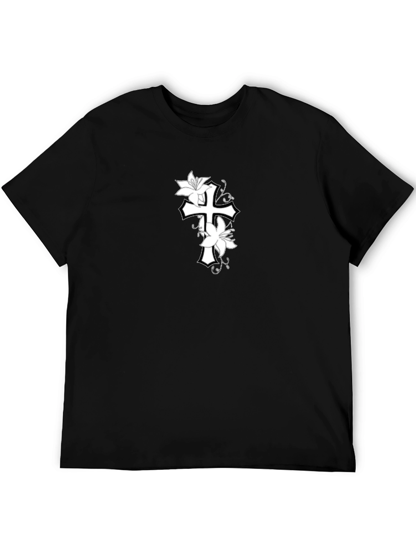 Floral Cross Graphic Black T-Shirt
