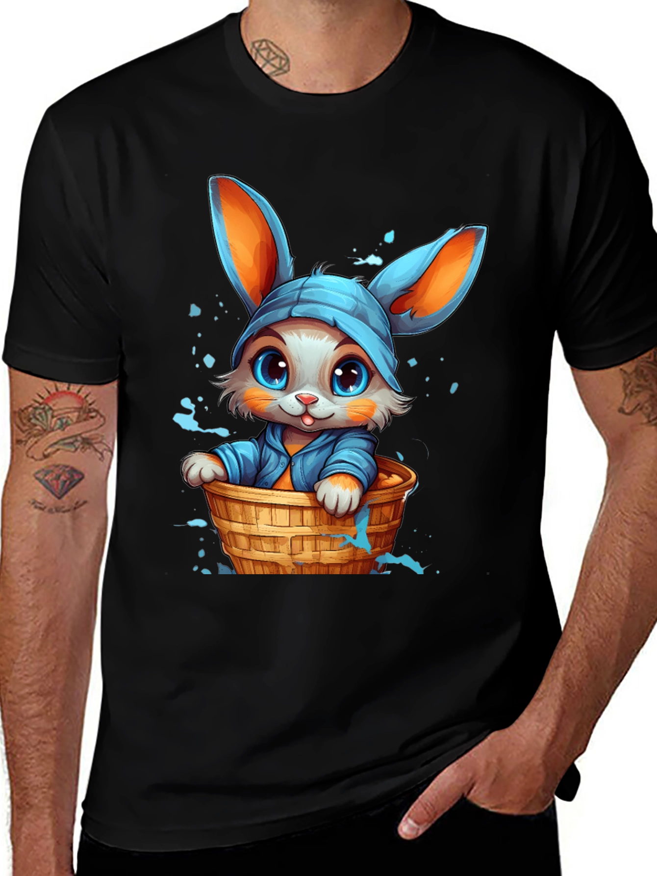 Cute Bunny Graphic Tee - Black Cotton