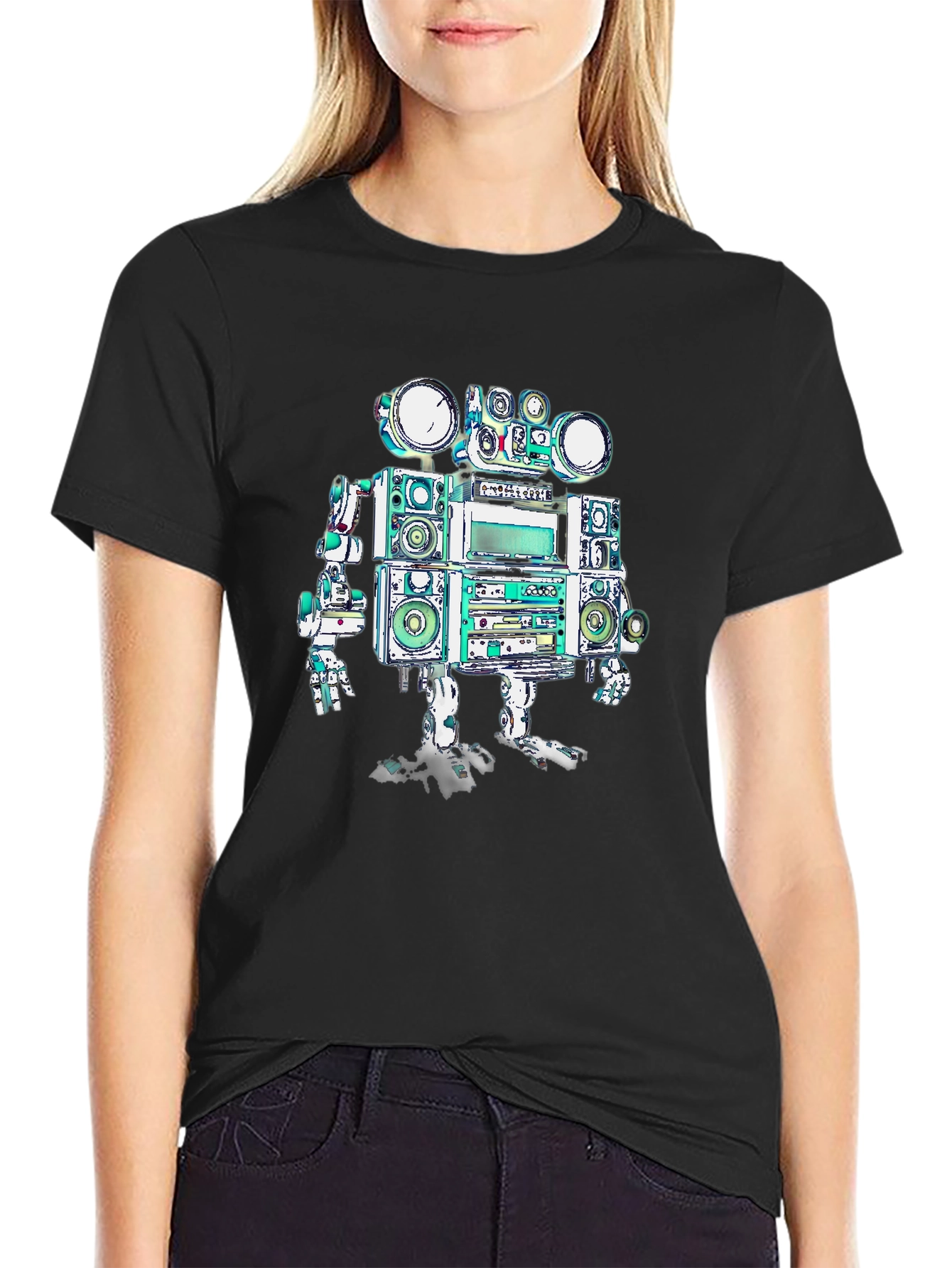 Retro Boombox Robot Graphic Tee - Black