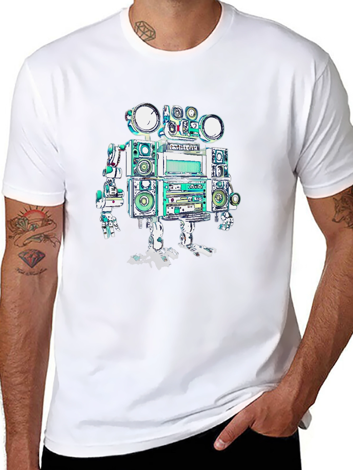 Retro Boombox Robot Graphic Tee - Black