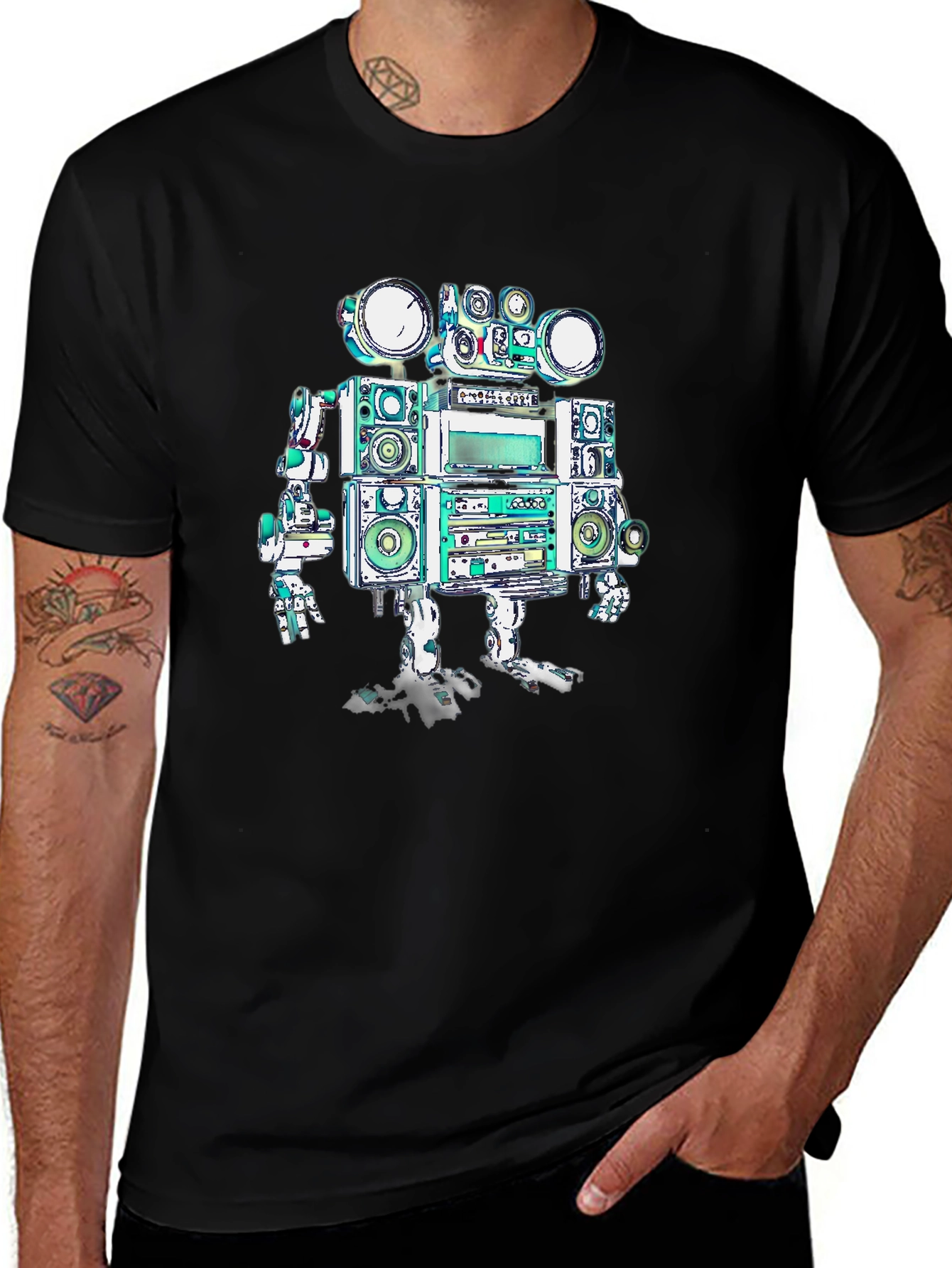 Retro Boombox Robot Graphic Tee - Black