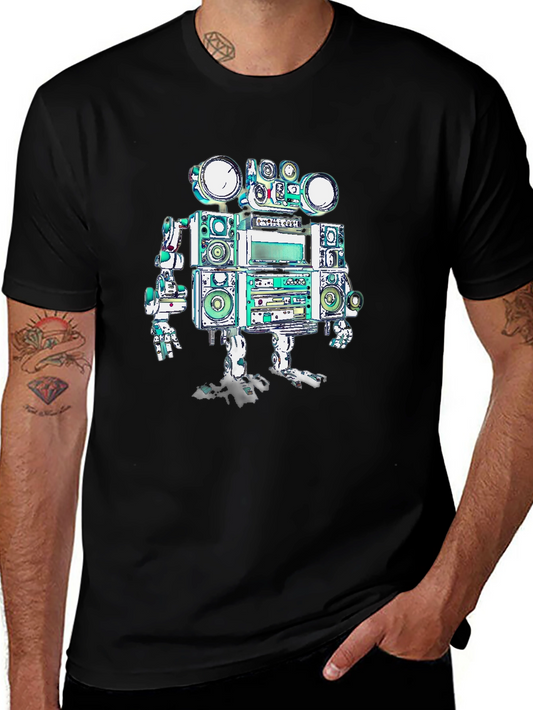 Retro Boombox Robot Graphic Tee - Black
