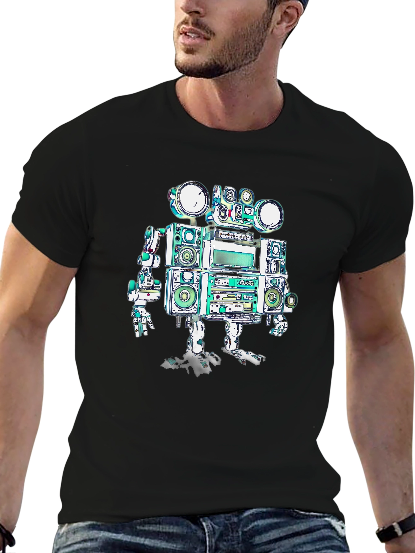 Retro Boombox Robot Graphic Tee - Black