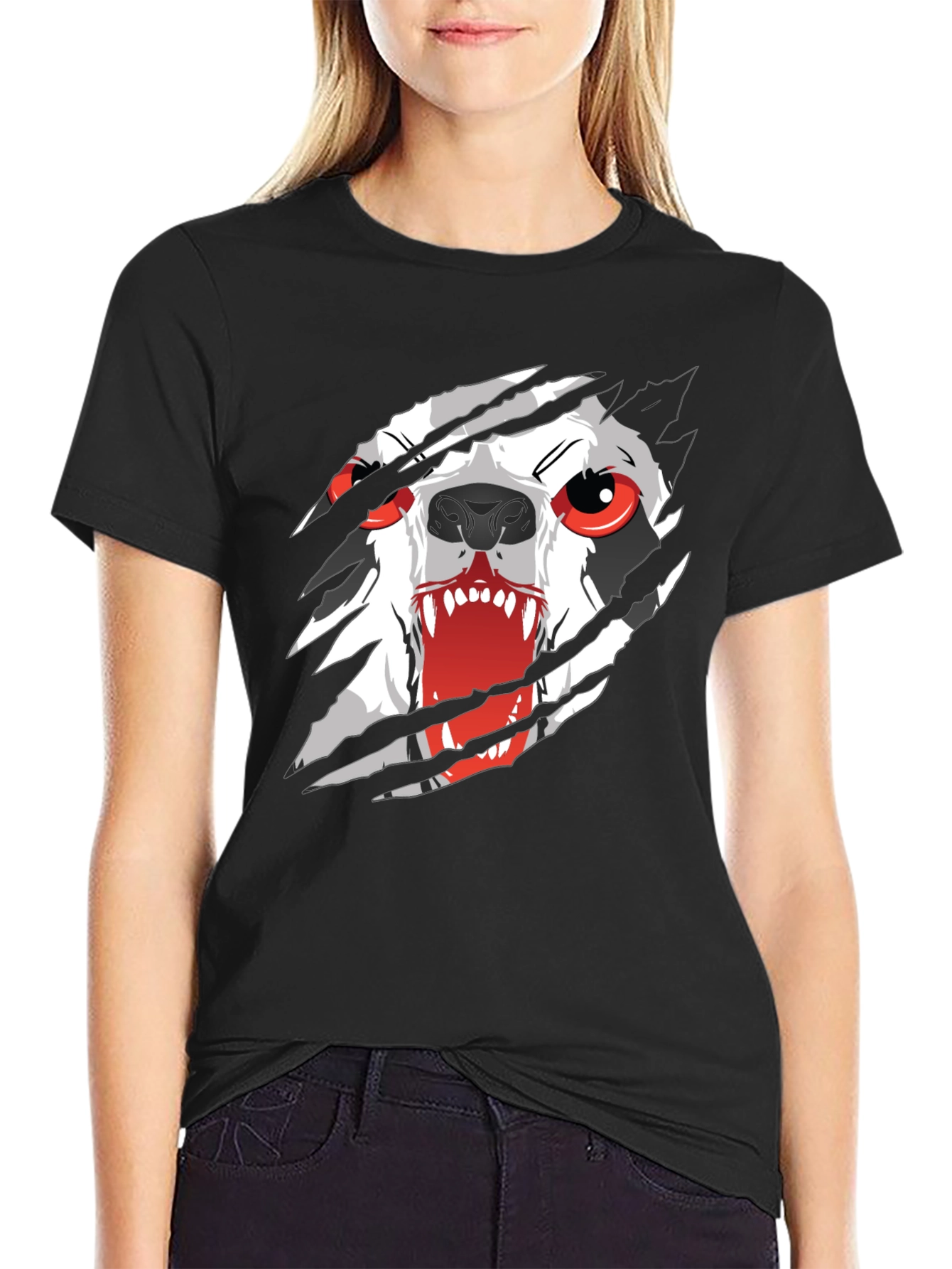 Mens Black T-Shirt with Ripping Wolf Graphic
