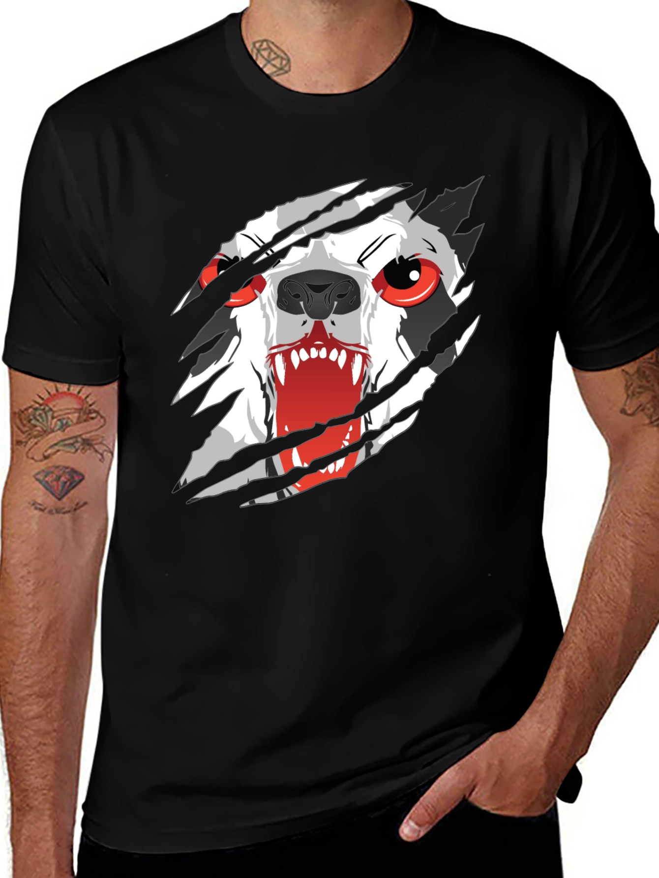 Mens Black T-Shirt with Ripping Wolf Graphic