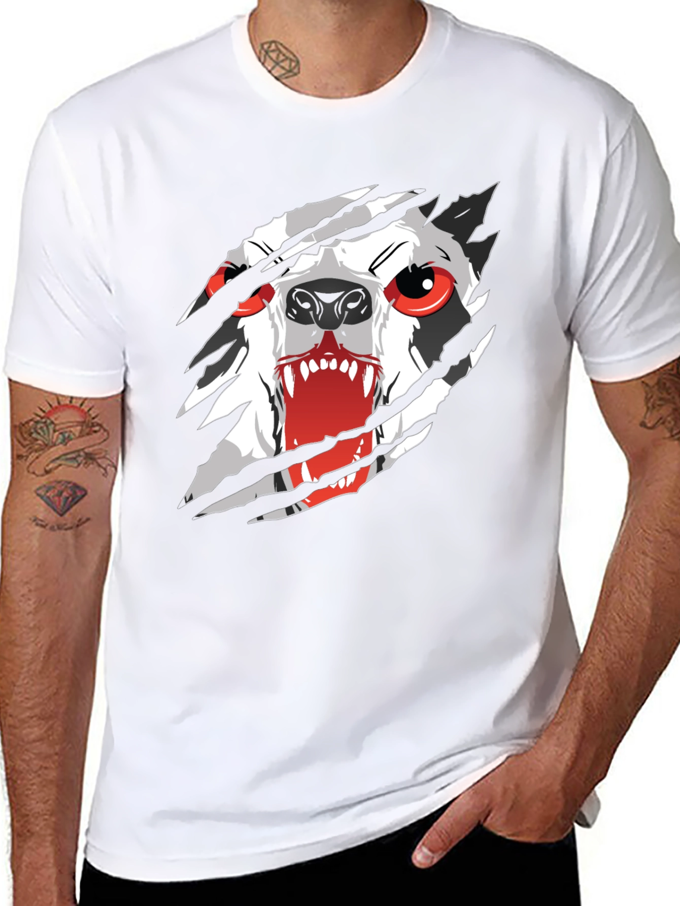 Mens Black T-Shirt with Ripping Wolf Graphic