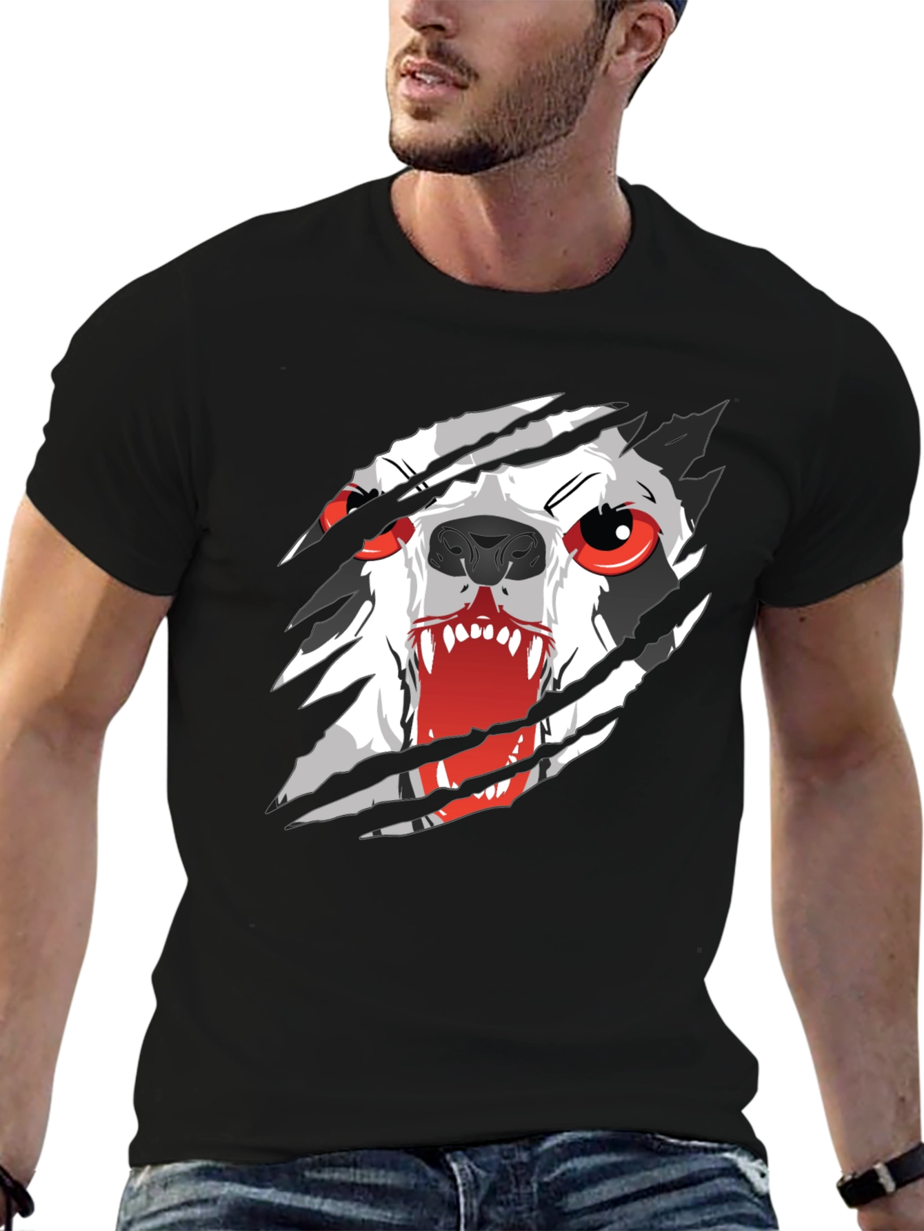 Mens Black T-Shirt with Ripping Wolf Graphic