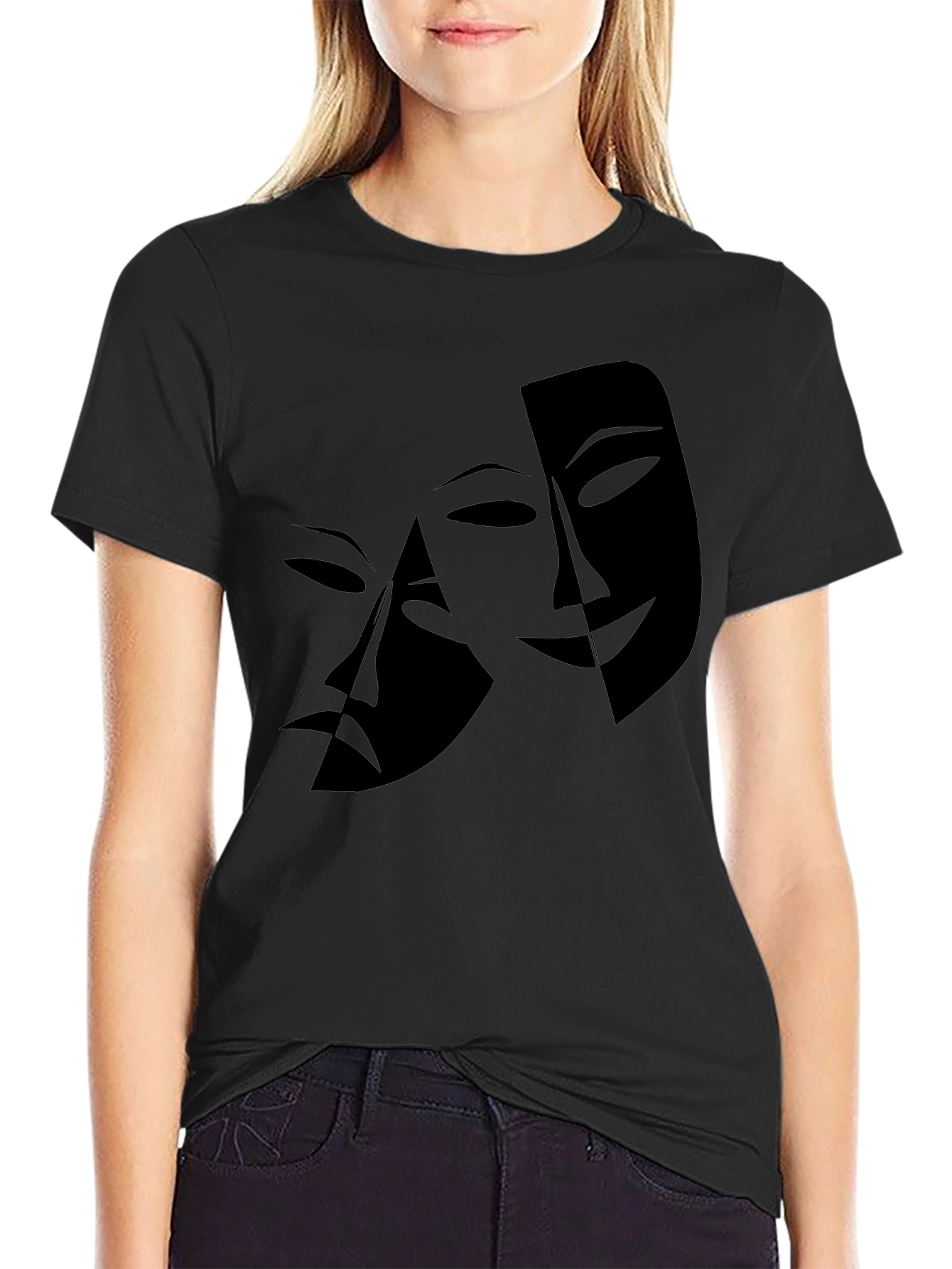 Mens Black T-Shirt with Drama Masks Graphic
