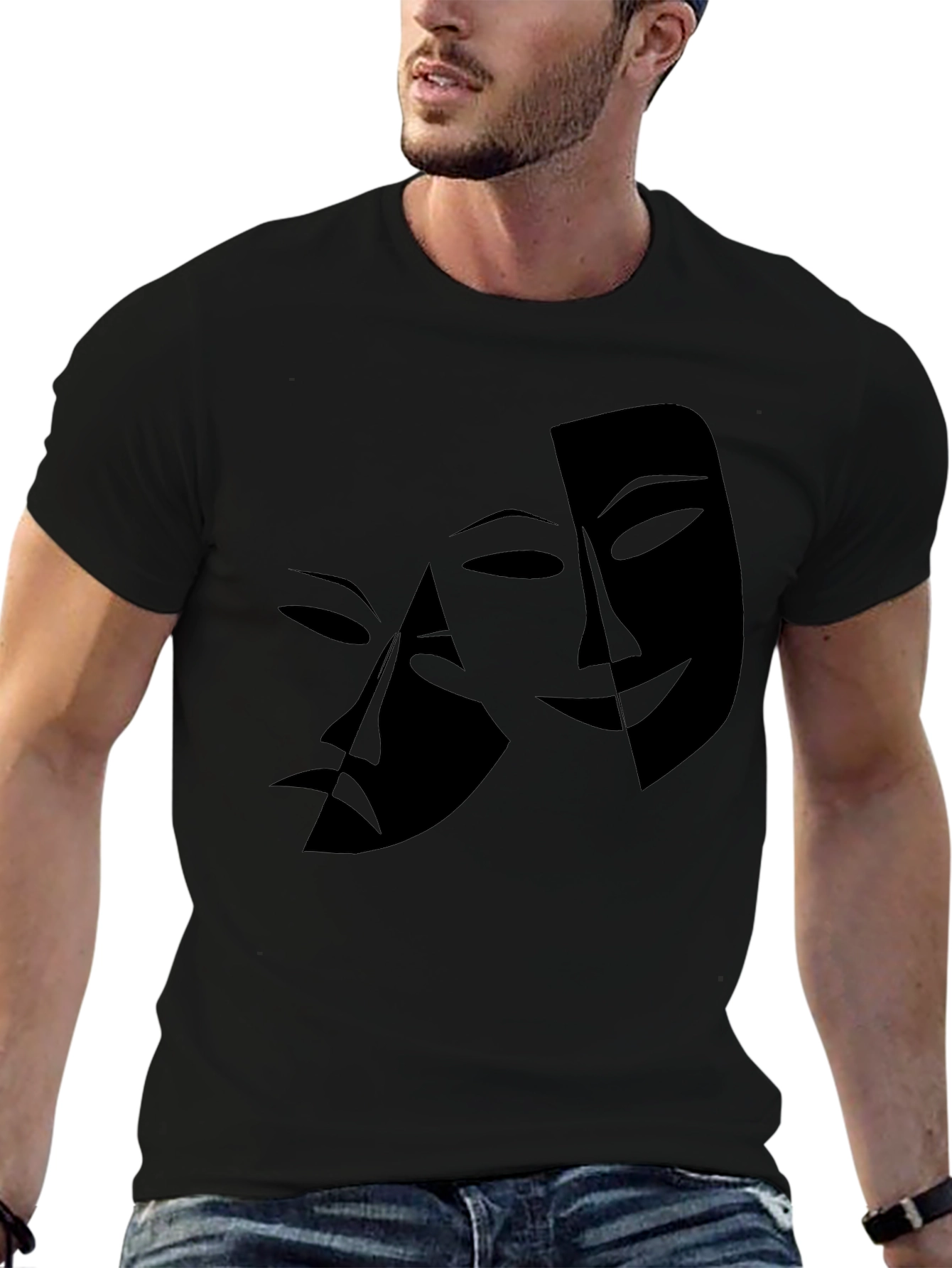 Mens Black T-Shirt with Drama Masks Graphic