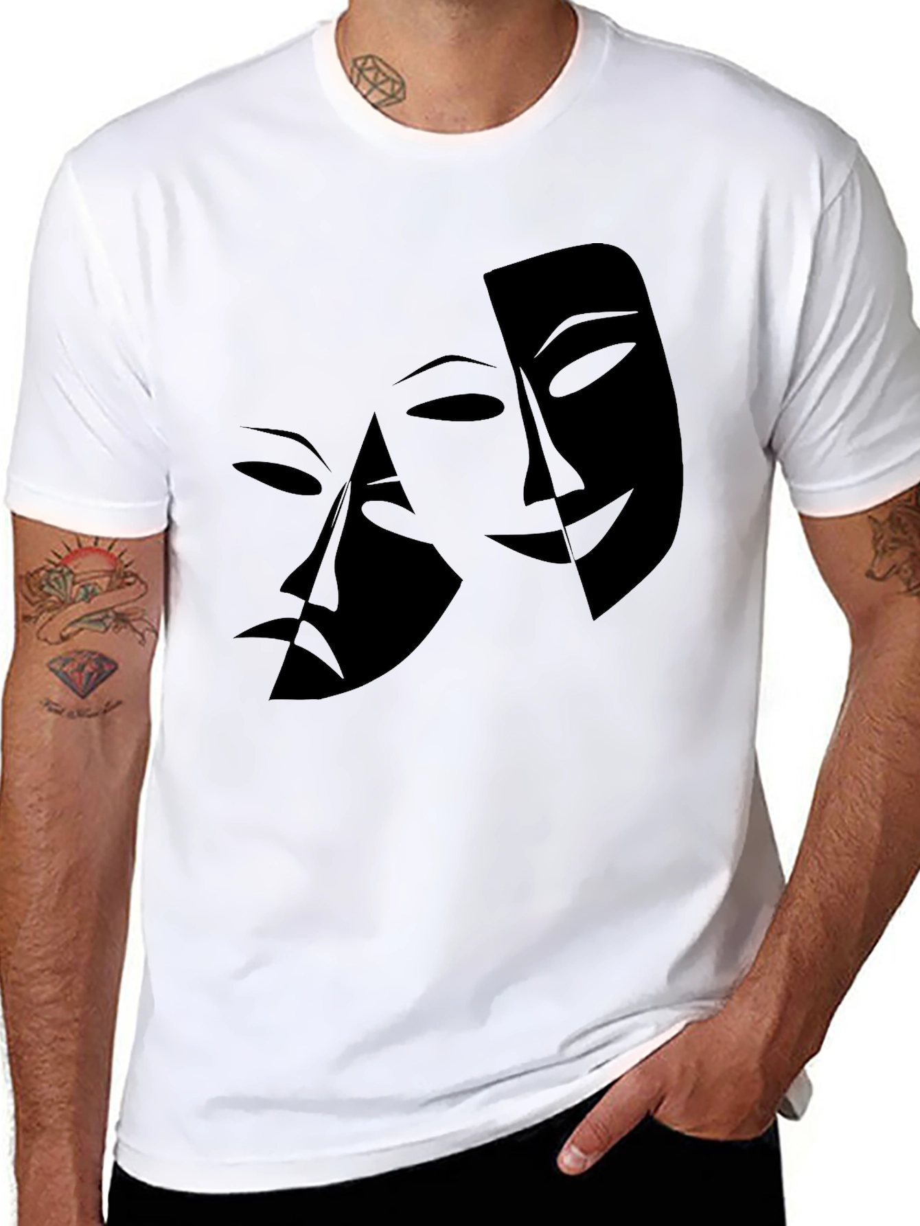 Mens Black T-Shirt with Drama Masks Graphic