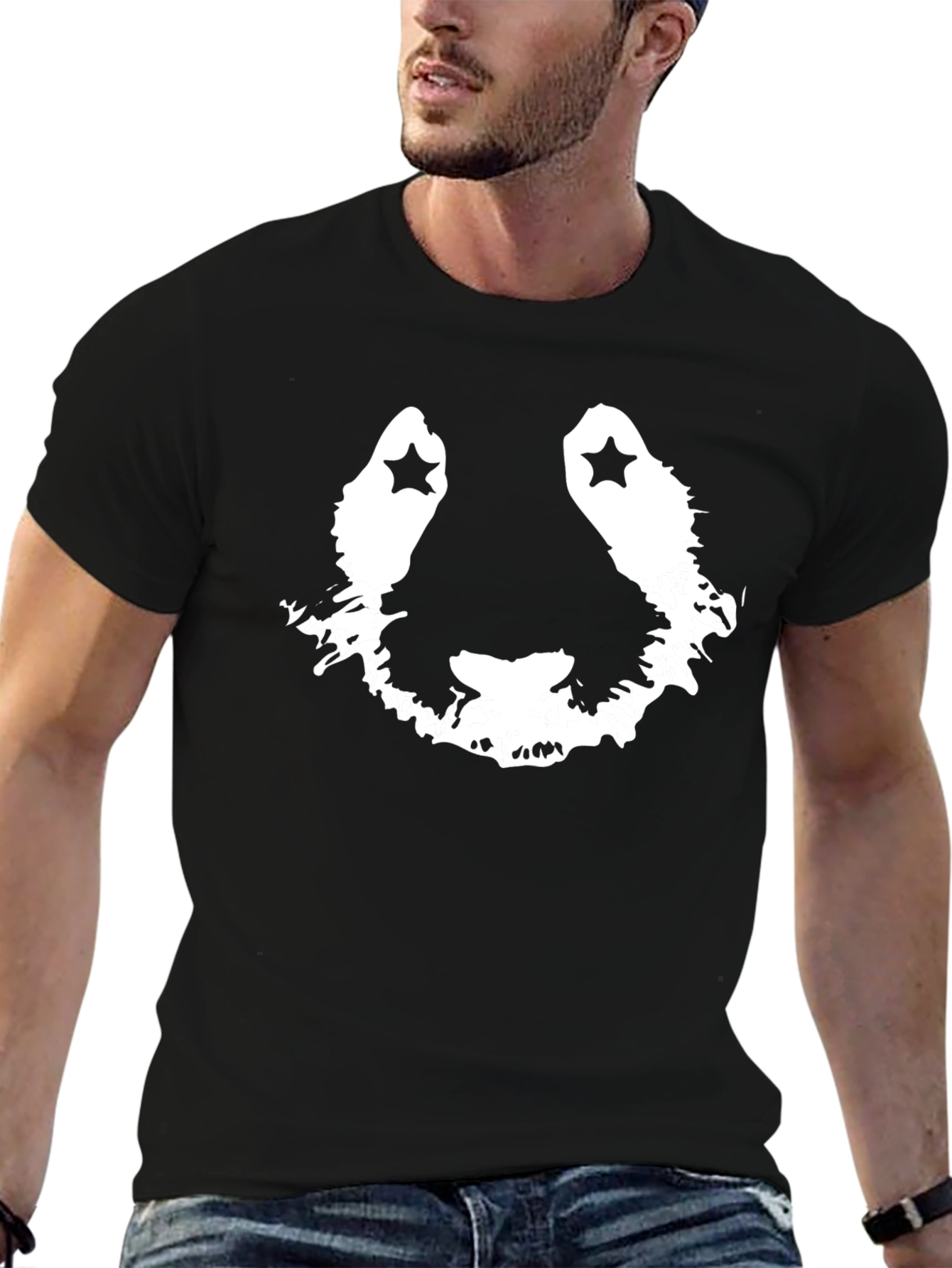 Stylish Black Graphic Tee with Panda Face Design