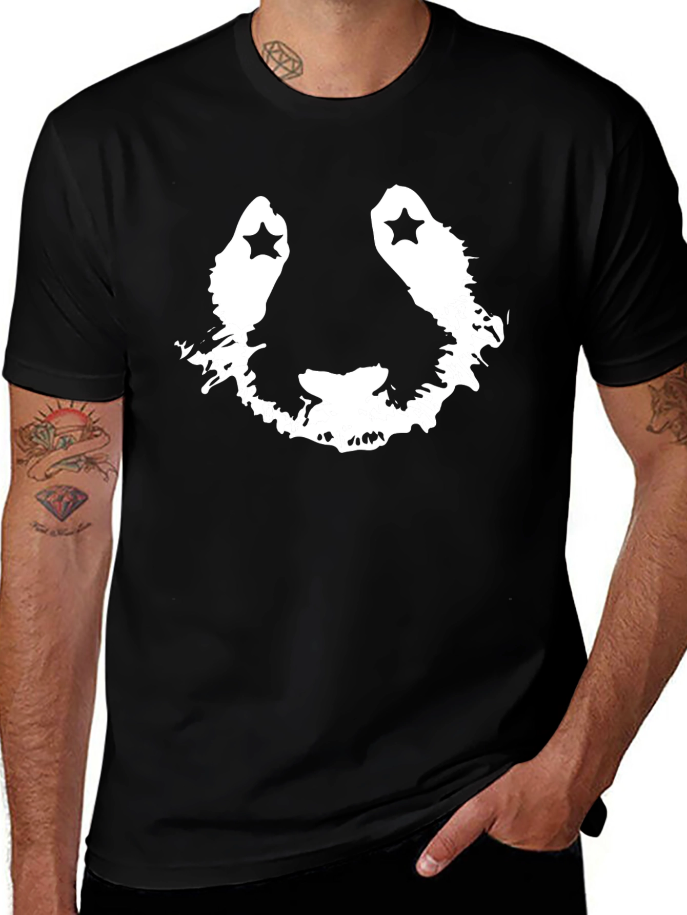 Stylish Black Graphic Tee with Panda Face Design