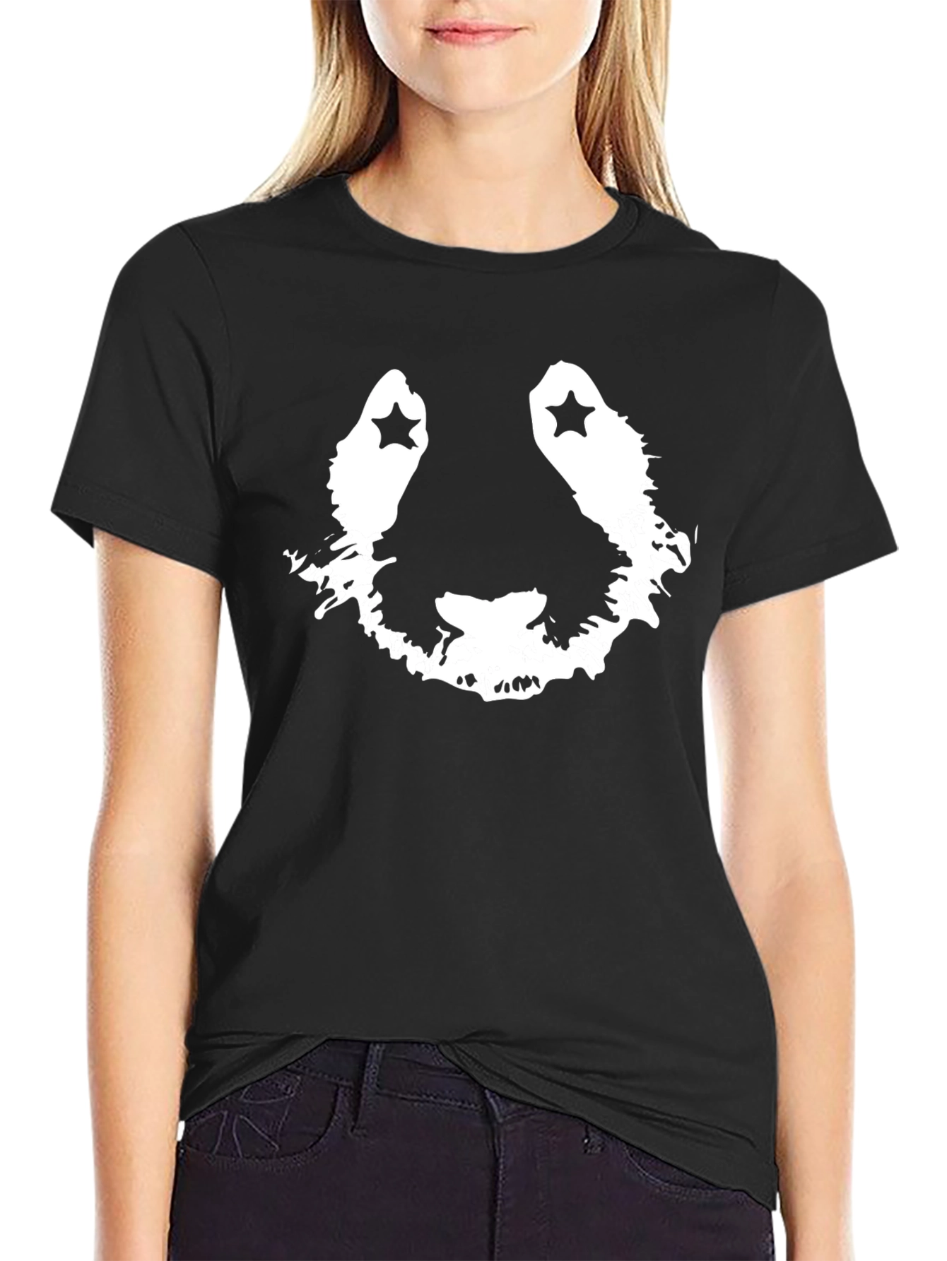 Stylish Black Graphic Tee with Panda Face Design
