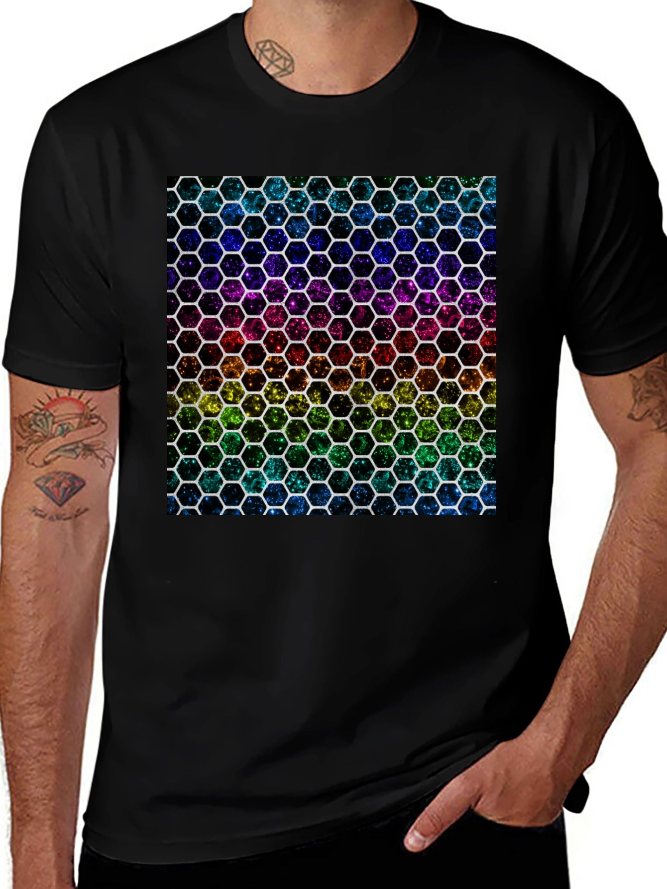 Rainbow Hexagon Pattern Black T-Shirt