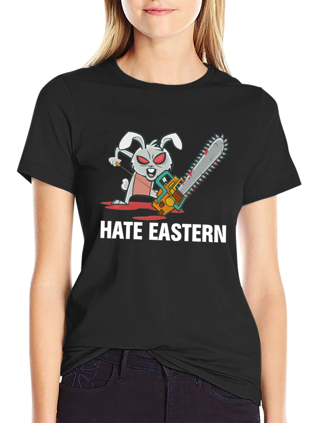 Hate Eastern Bunny Chainsaw Black T-Shirt