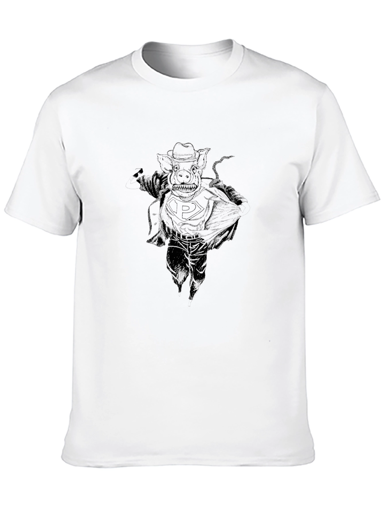 Black Graphic Tee - Pig Superhero Design