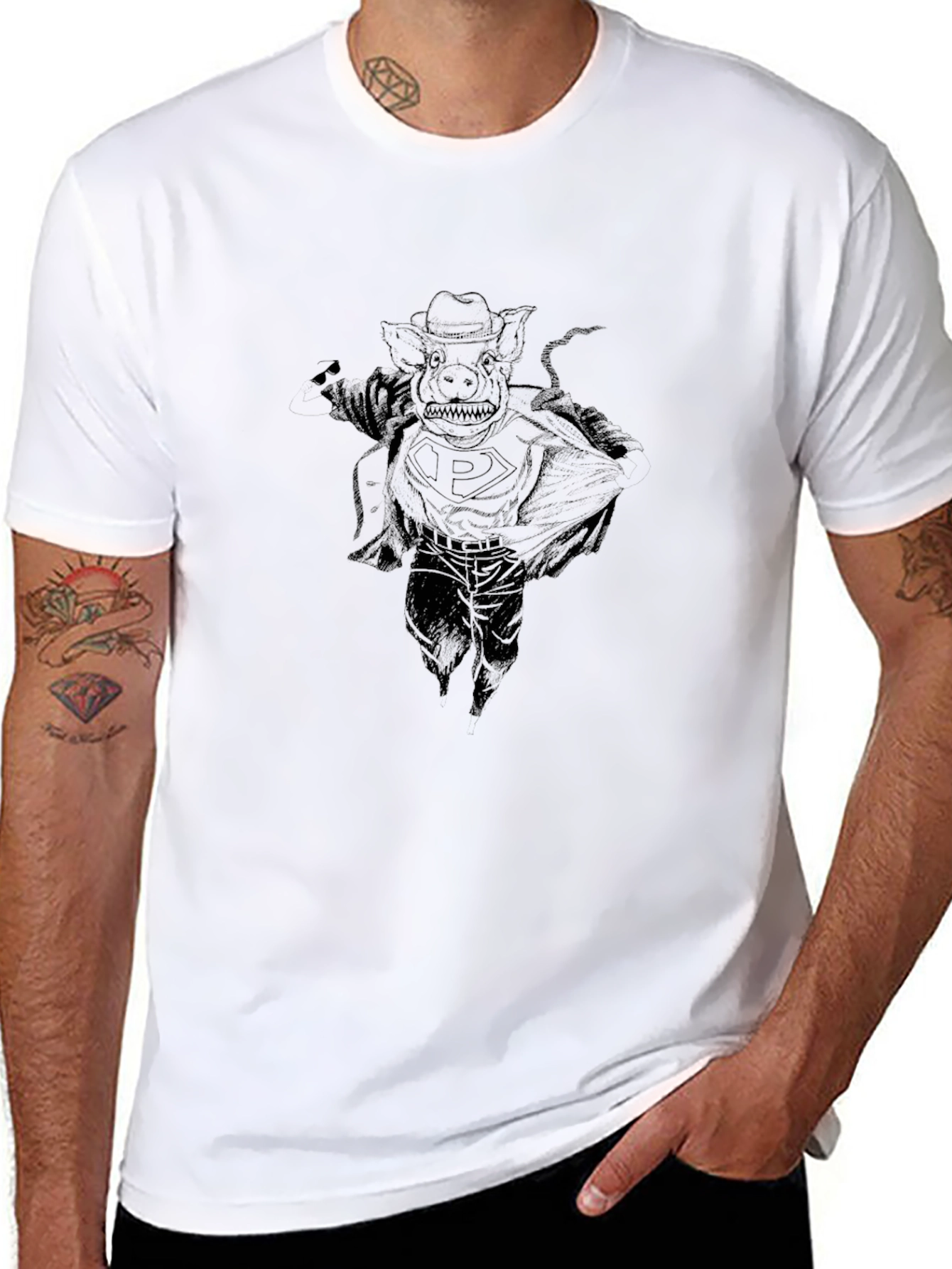 Black Graphic Tee - Pig Superhero Design