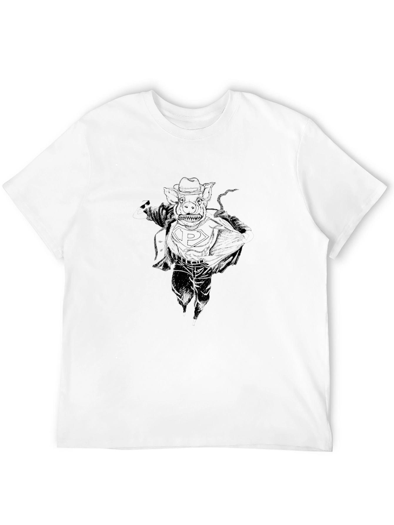 Black Graphic Tee - Pig Superhero Design