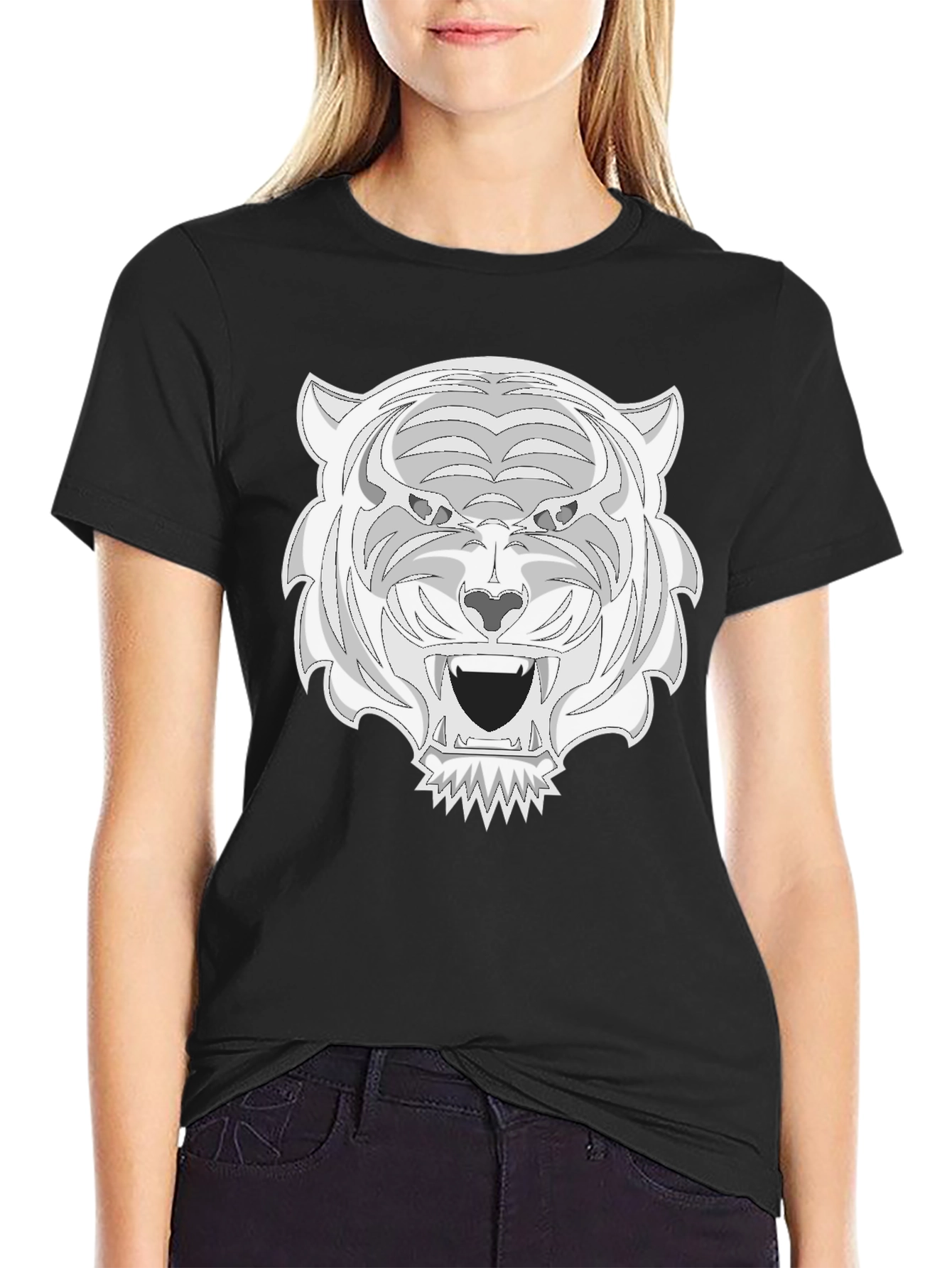 Black Tee with White Tiger Graphic Print