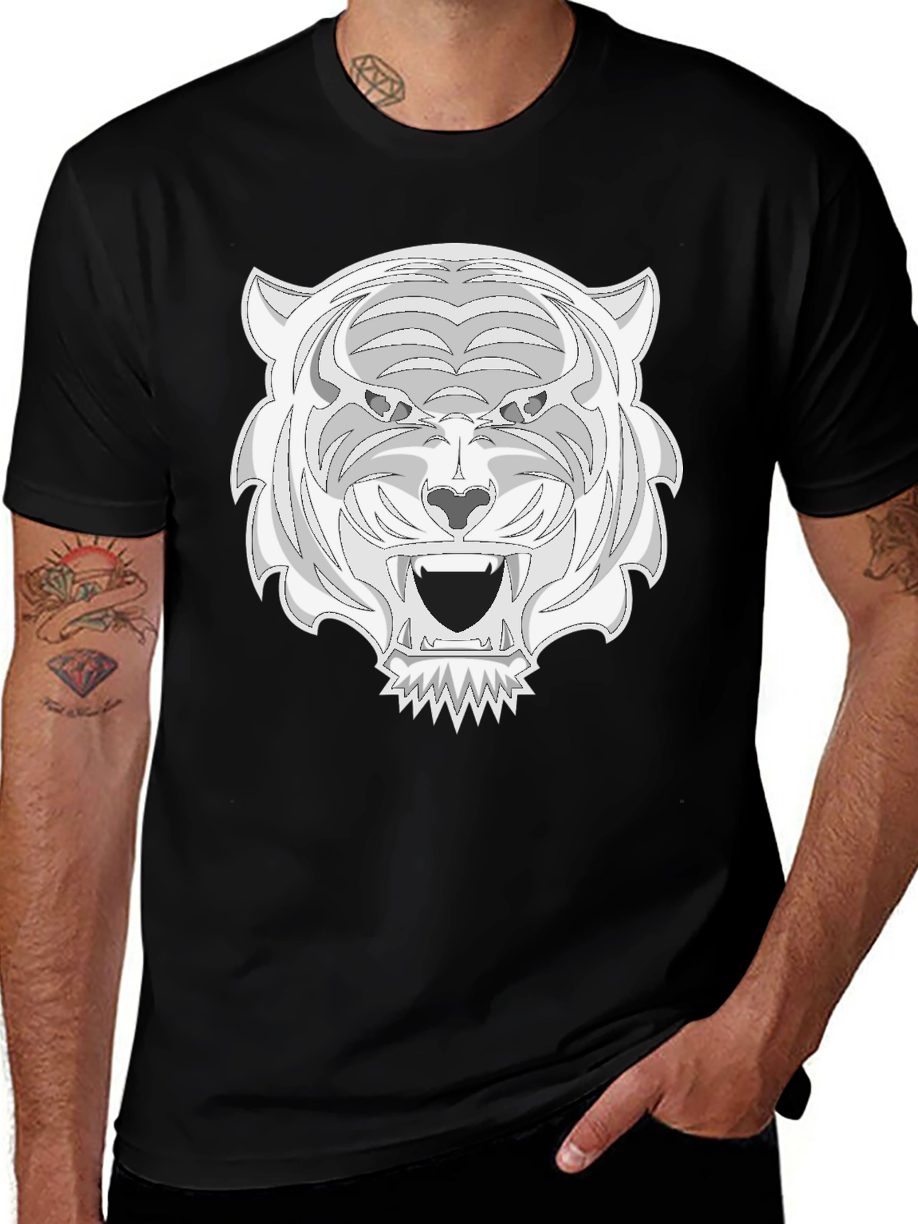 Black Tee with White Tiger Graphic Print