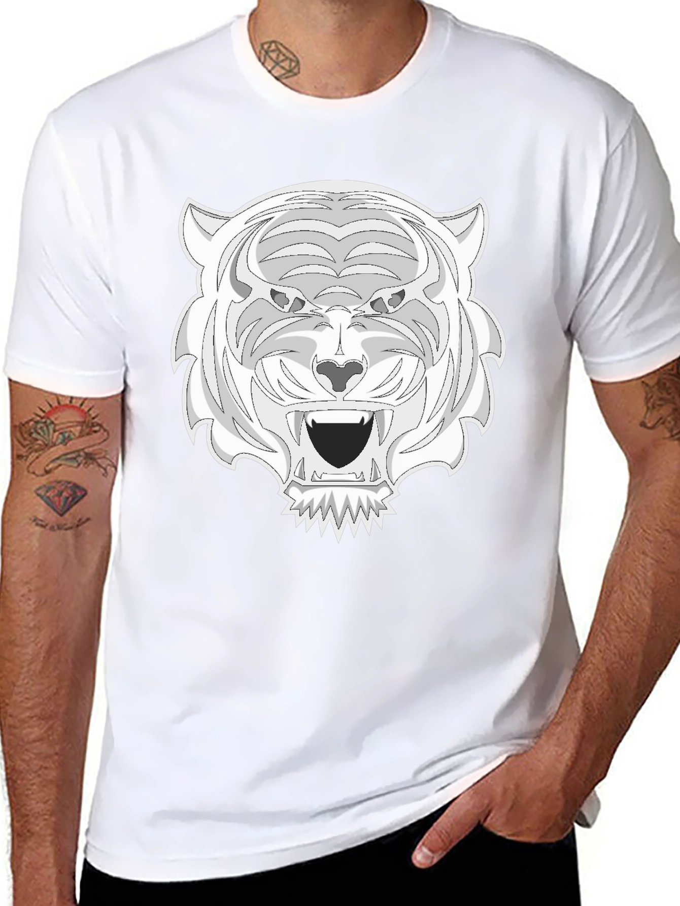 Black Tee with White Tiger Graphic Print