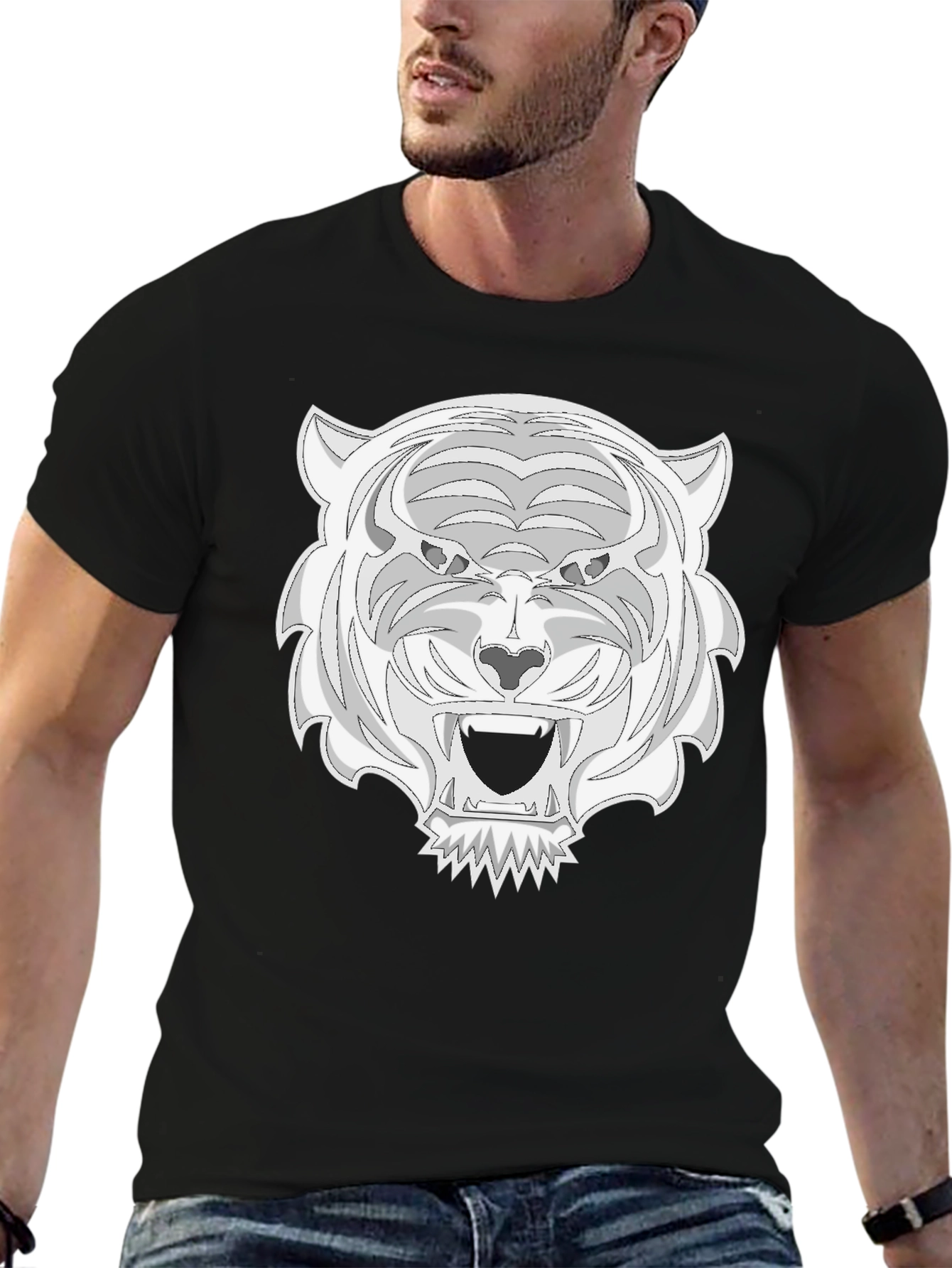 Black Tee with White Tiger Graphic Print
