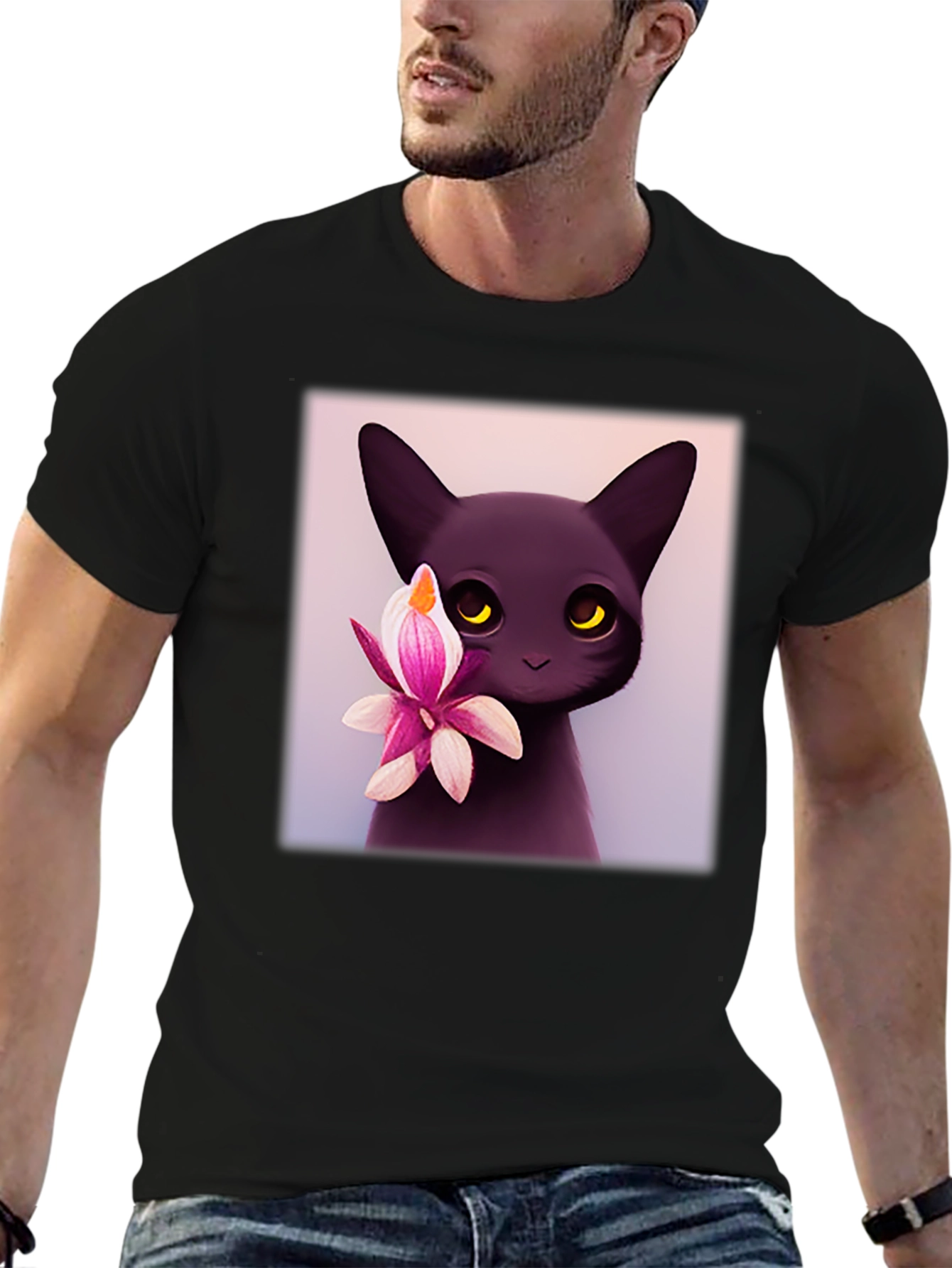 Cute Black Cat & Flower Graphic T-Shirt