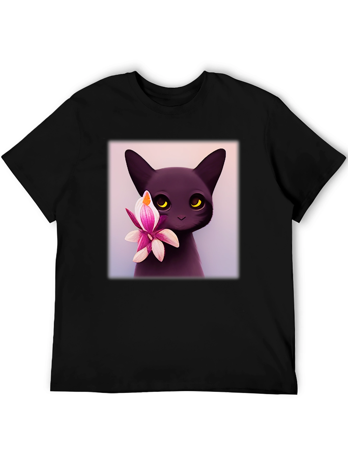 Cute Black Cat & Flower Graphic T-Shirt