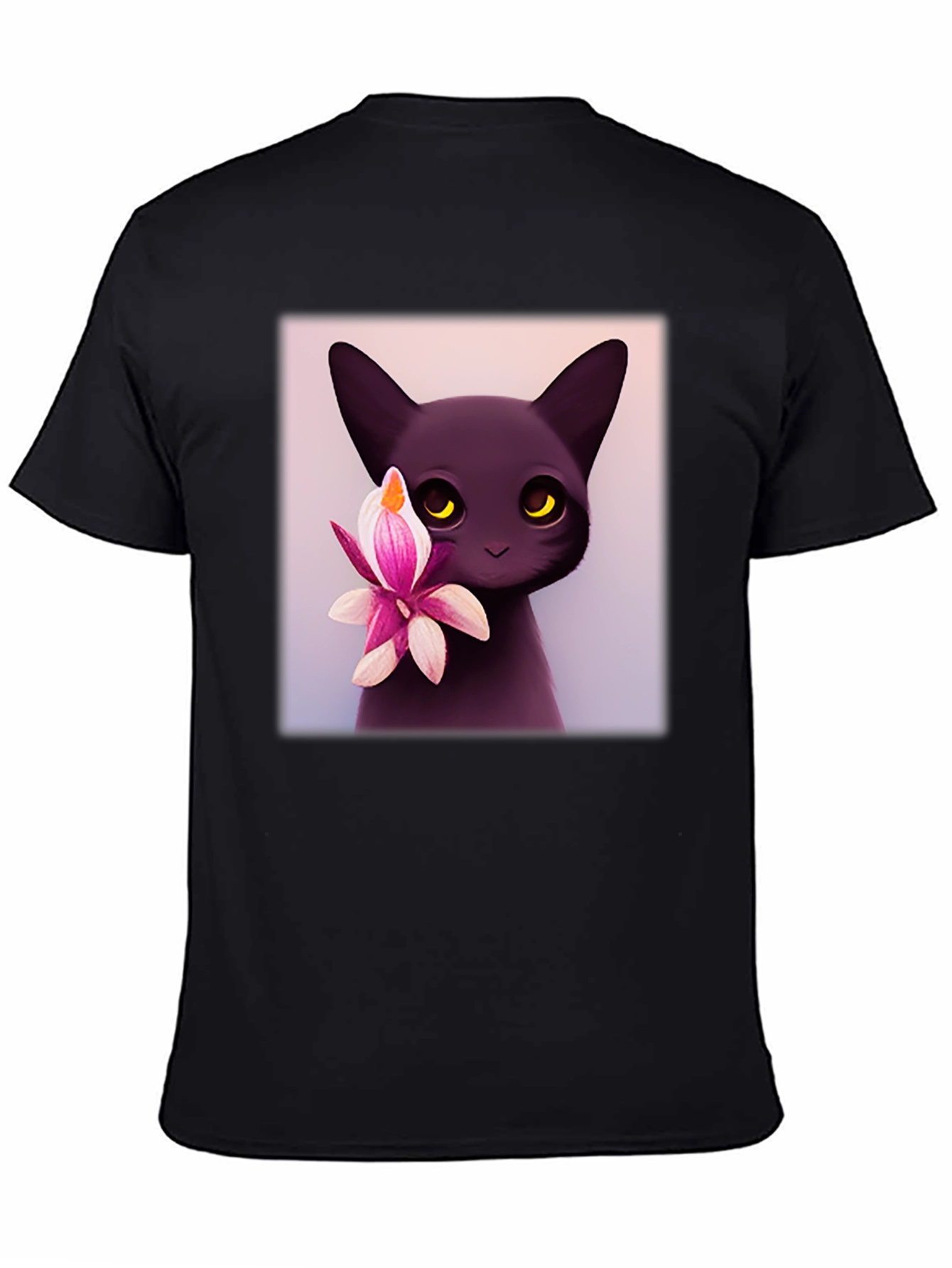 Cute Black Cat & Flower Graphic T-Shirt
