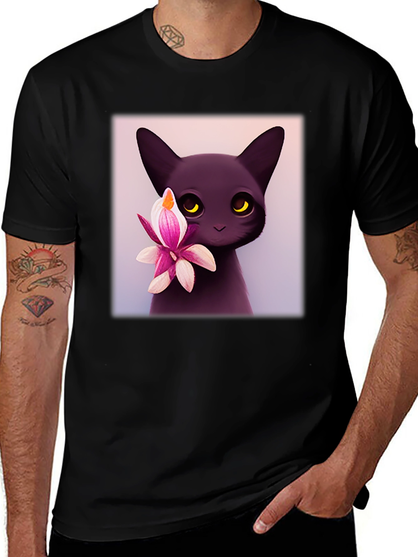 Cute Black Cat & Flower Graphic T-Shirt