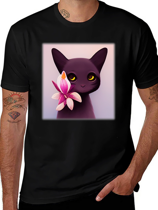Cute Black Cat & Flower Graphic T-Shirt