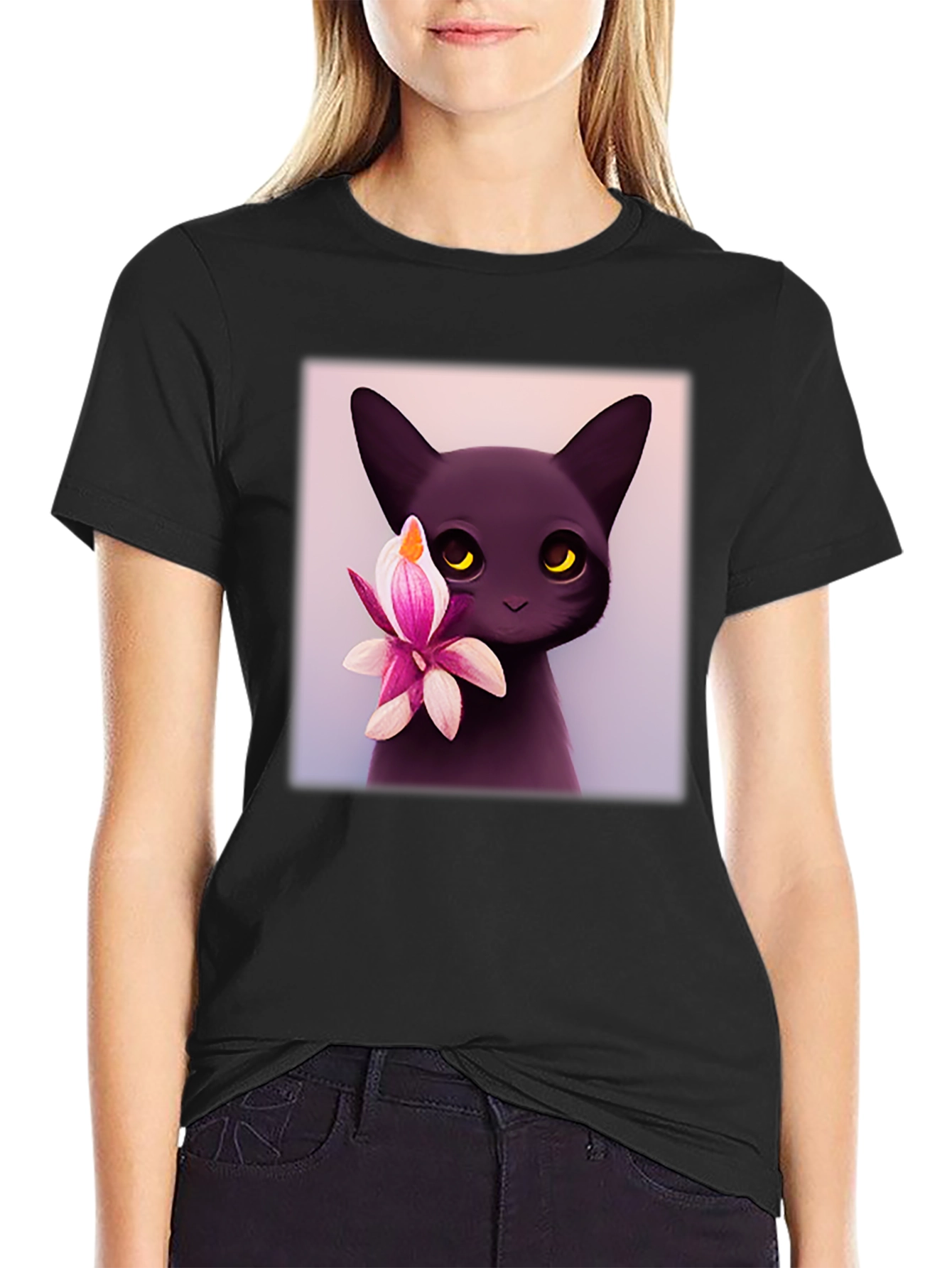 Cute Black Cat & Flower Graphic T-Shirt