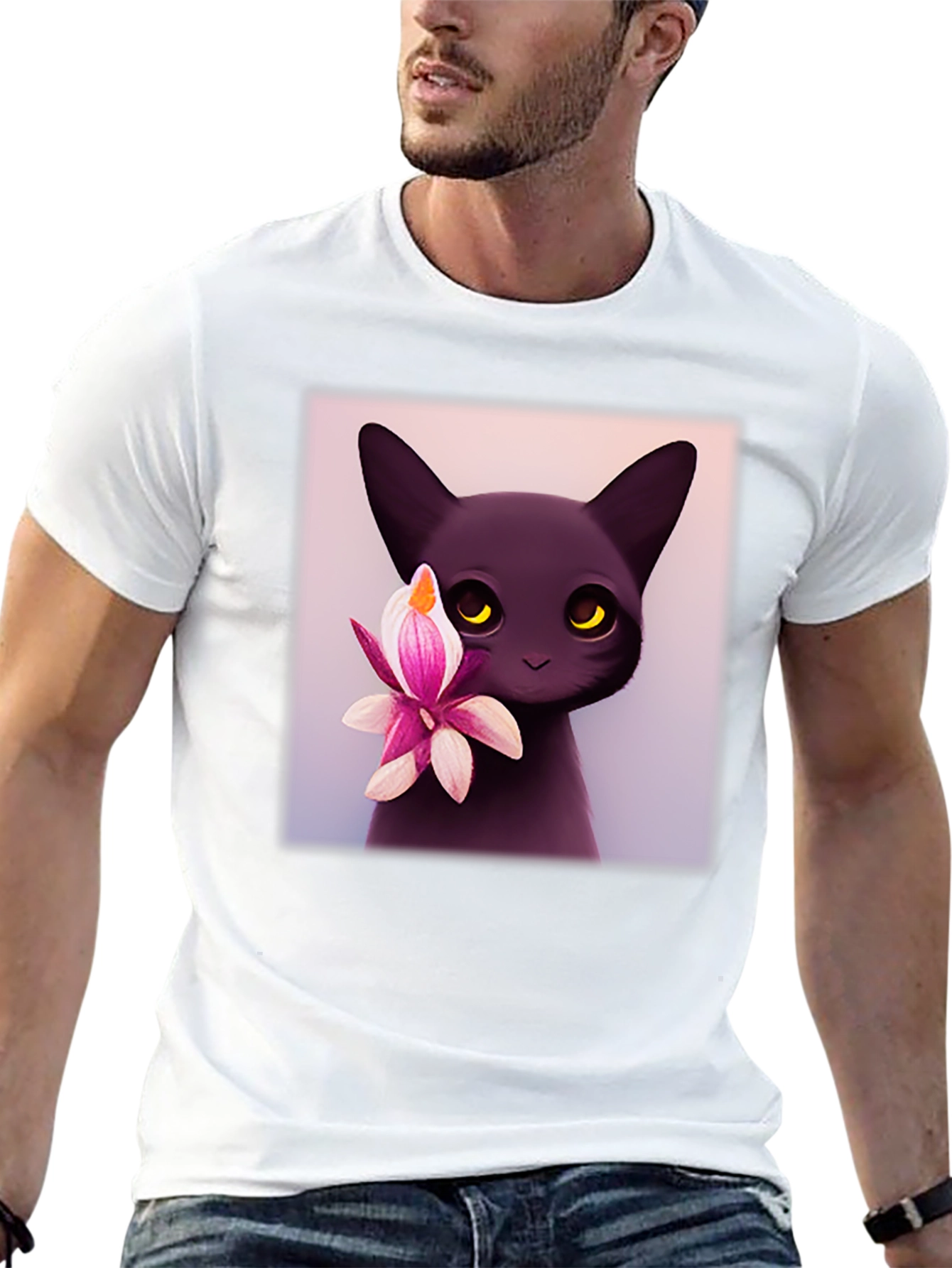 Cute Black Cat & Flower Graphic T-Shirt